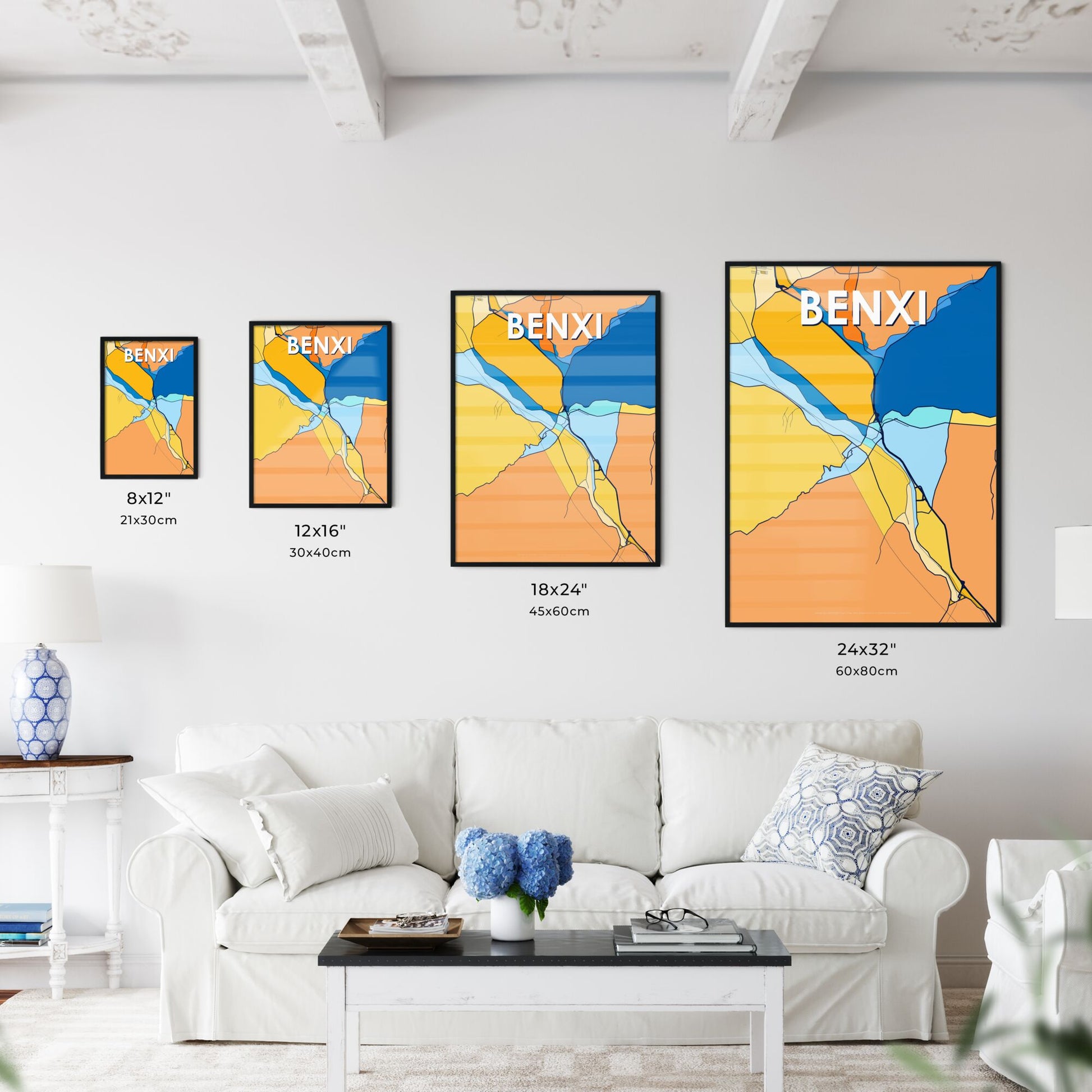 BENXI CHINA Vibrant Colorful Art Map Poster Blue Orange