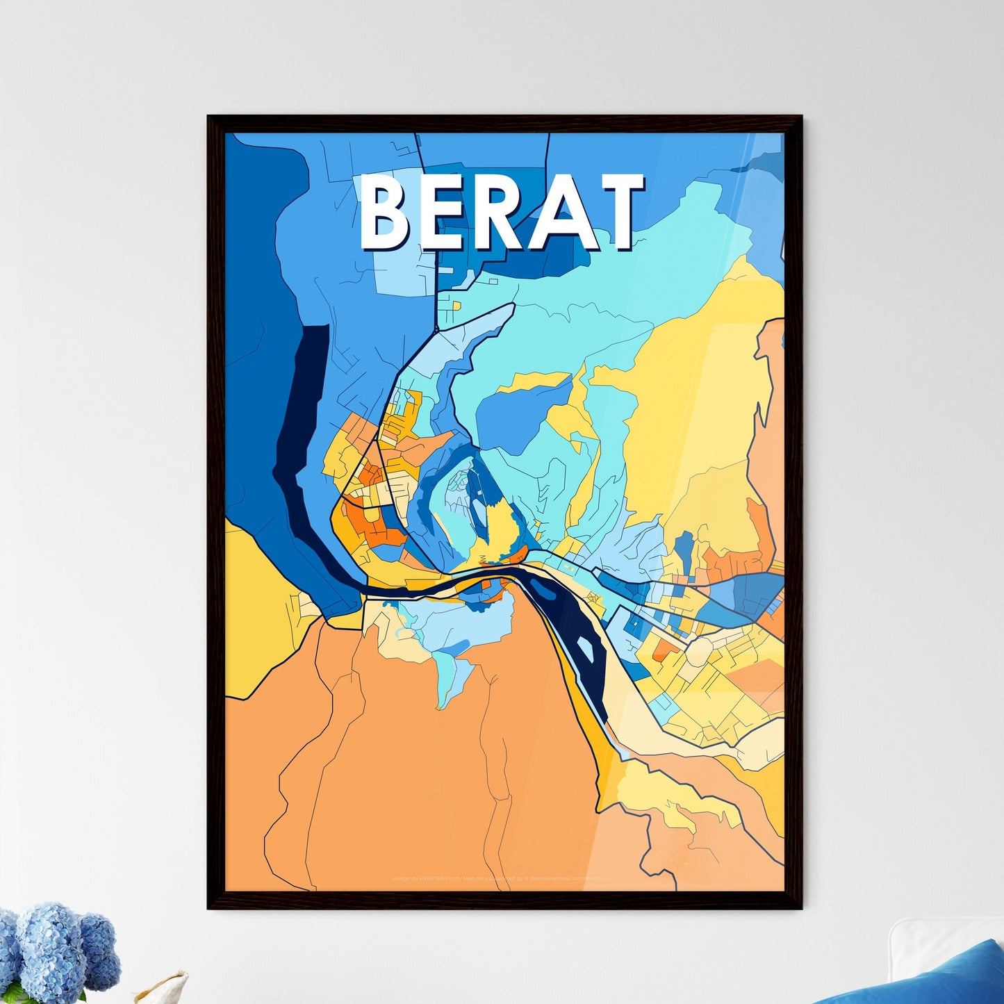 BERAT ALBANIA Vibrant Colorful Art Map Poster Blue Orange