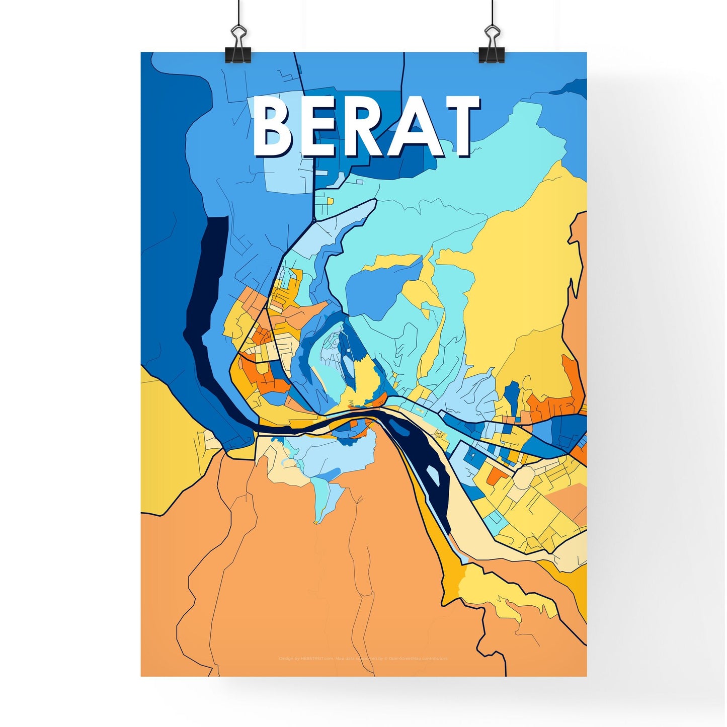 BERAT ALBANIA Vibrant Colorful Art Map Poster Blue Orange