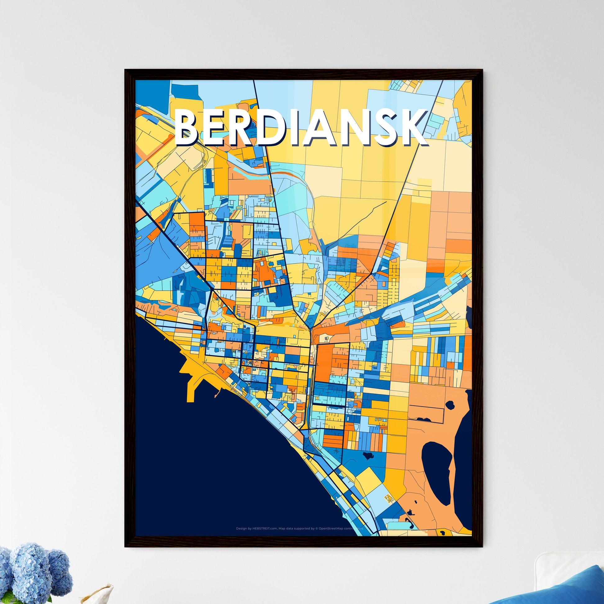 BERDIANSK UKRAINE Vibrant Colorful Art Map Poster Blue Orange