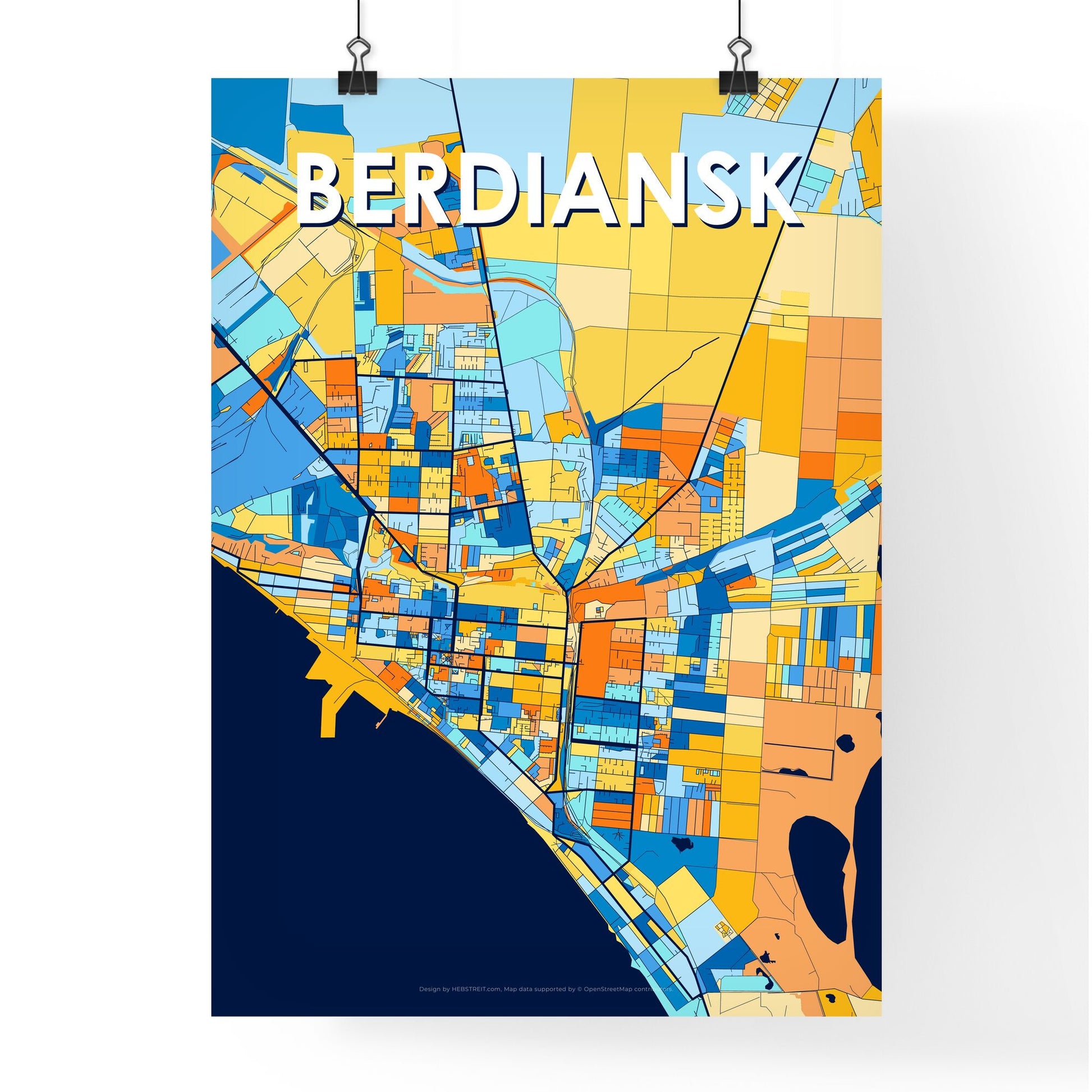 BERDIANSK UKRAINE Vibrant Colorful Art Map Poster Blue Orange