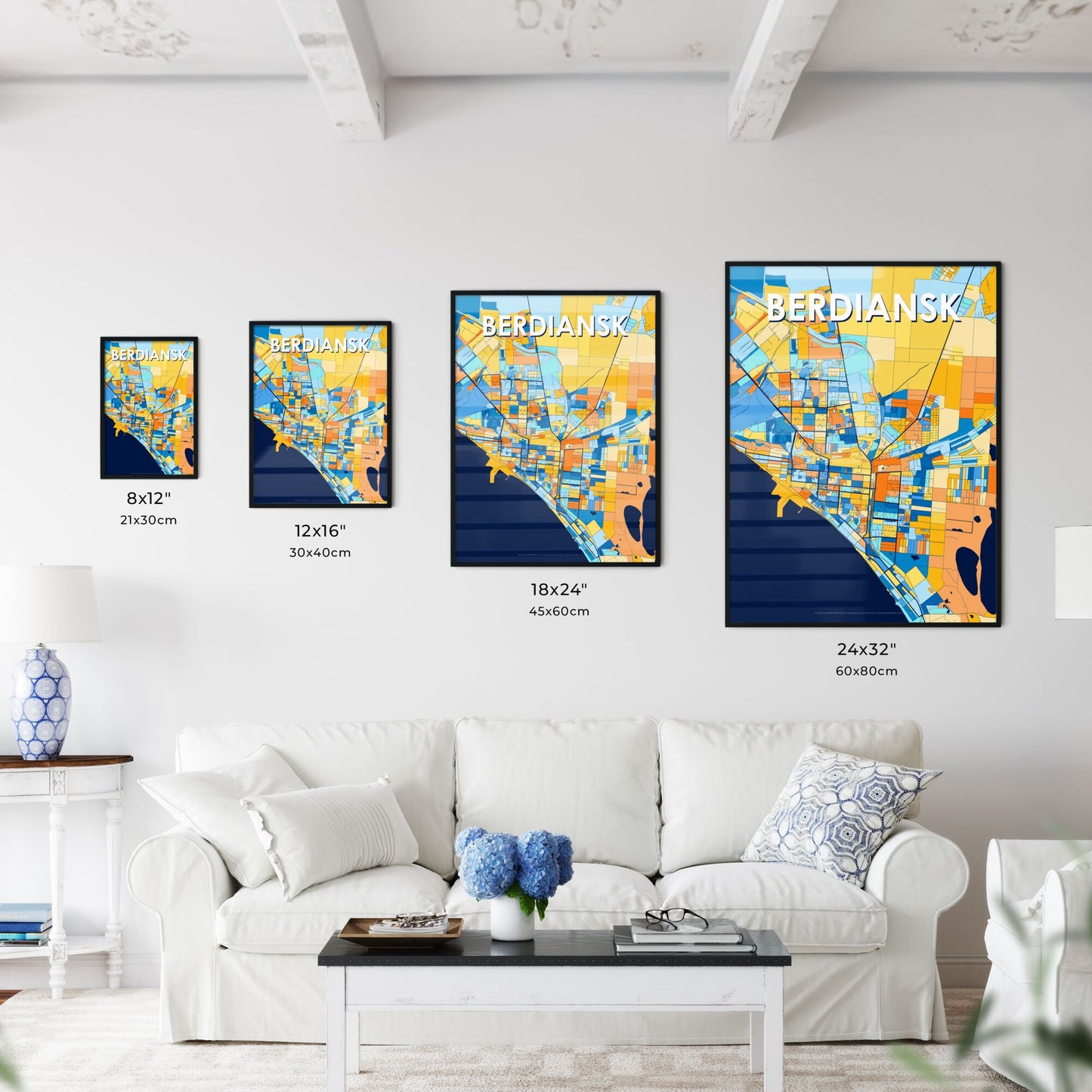 BERDIANSK UKRAINE Vibrant Colorful Art Map Poster Blue Orange