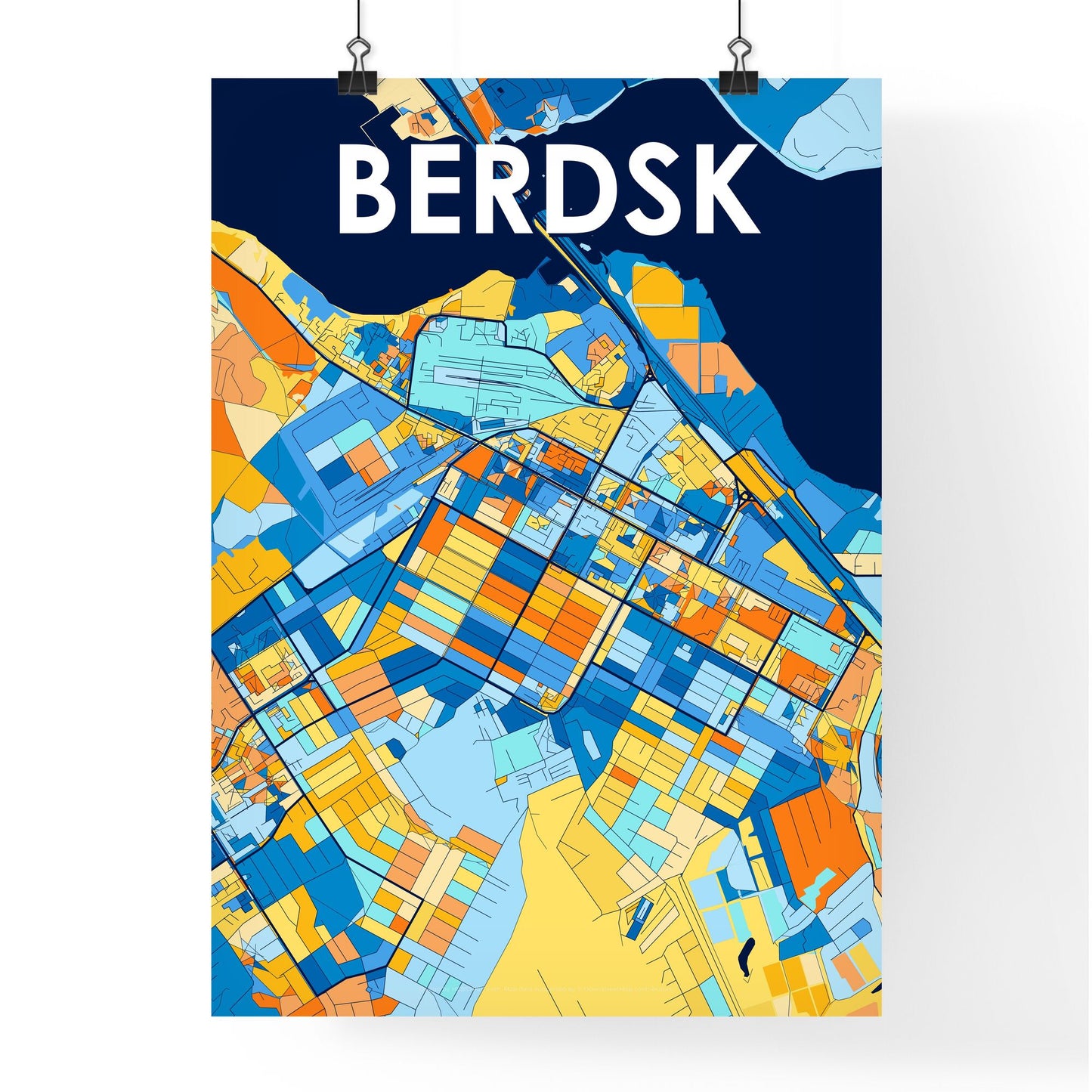 BERDSK RUSSIA Vibrant Colorful Art Map Poster Blue Orange