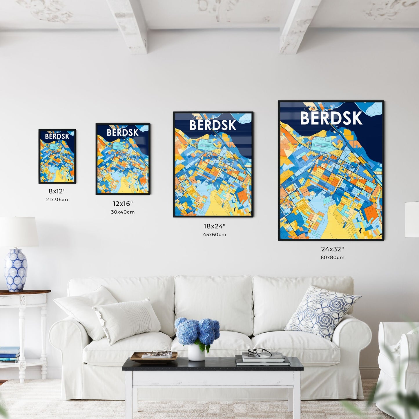 BERDSK RUSSIA Vibrant Colorful Art Map Poster Blue Orange