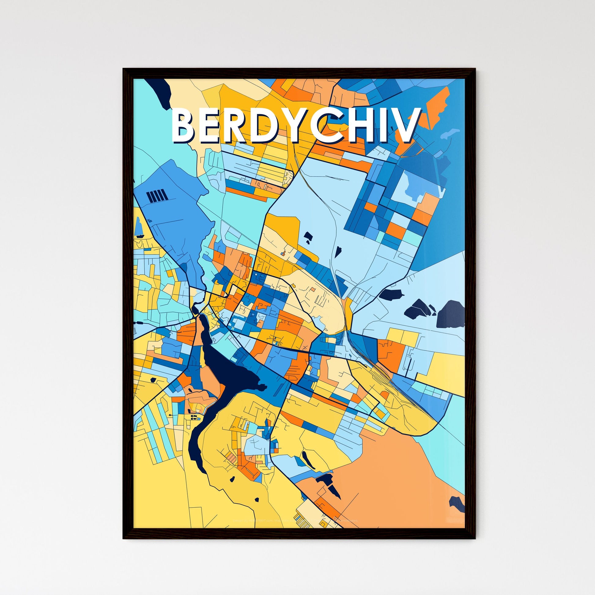 BERDYCHIV UKRAINE Vibrant Colorful Art Map Poster Blue Orange