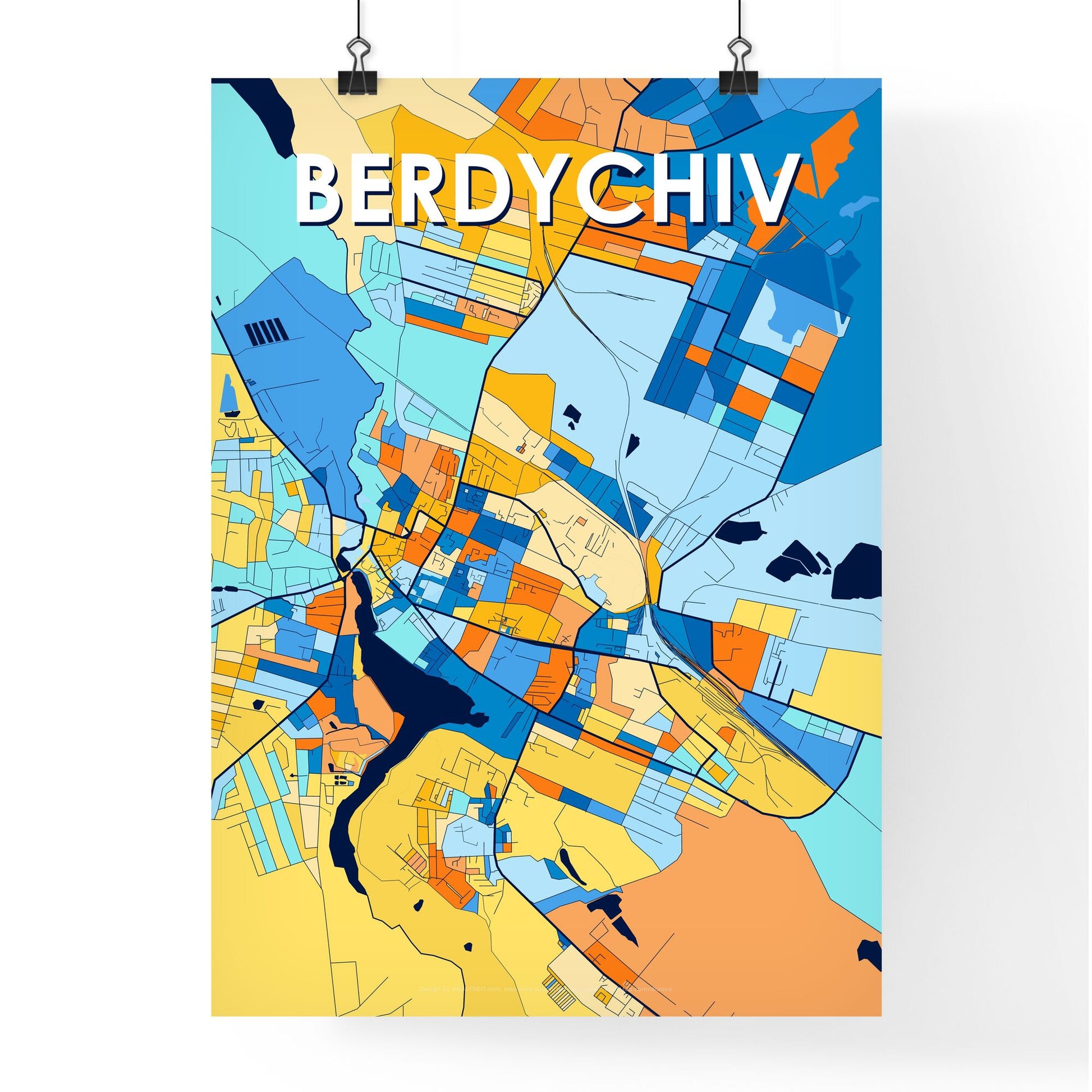 BERDYCHIV UKRAINE Vibrant Colorful Art Map Poster Blue Orange