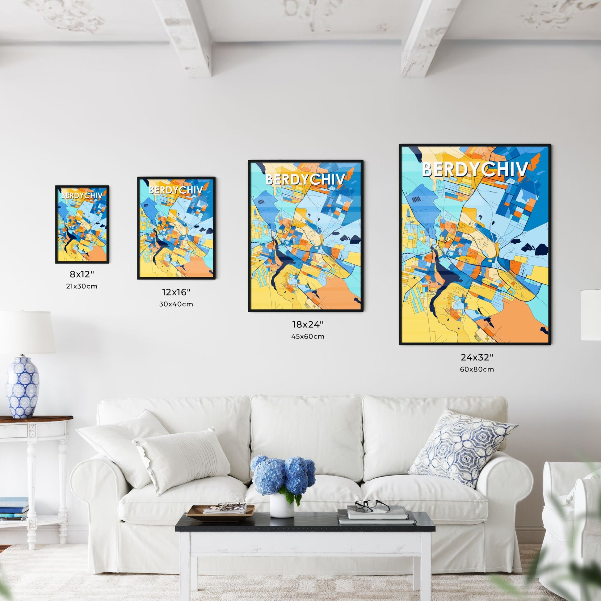 BERDYCHIV UKRAINE Vibrant Colorful Art Map Poster Blue Orange