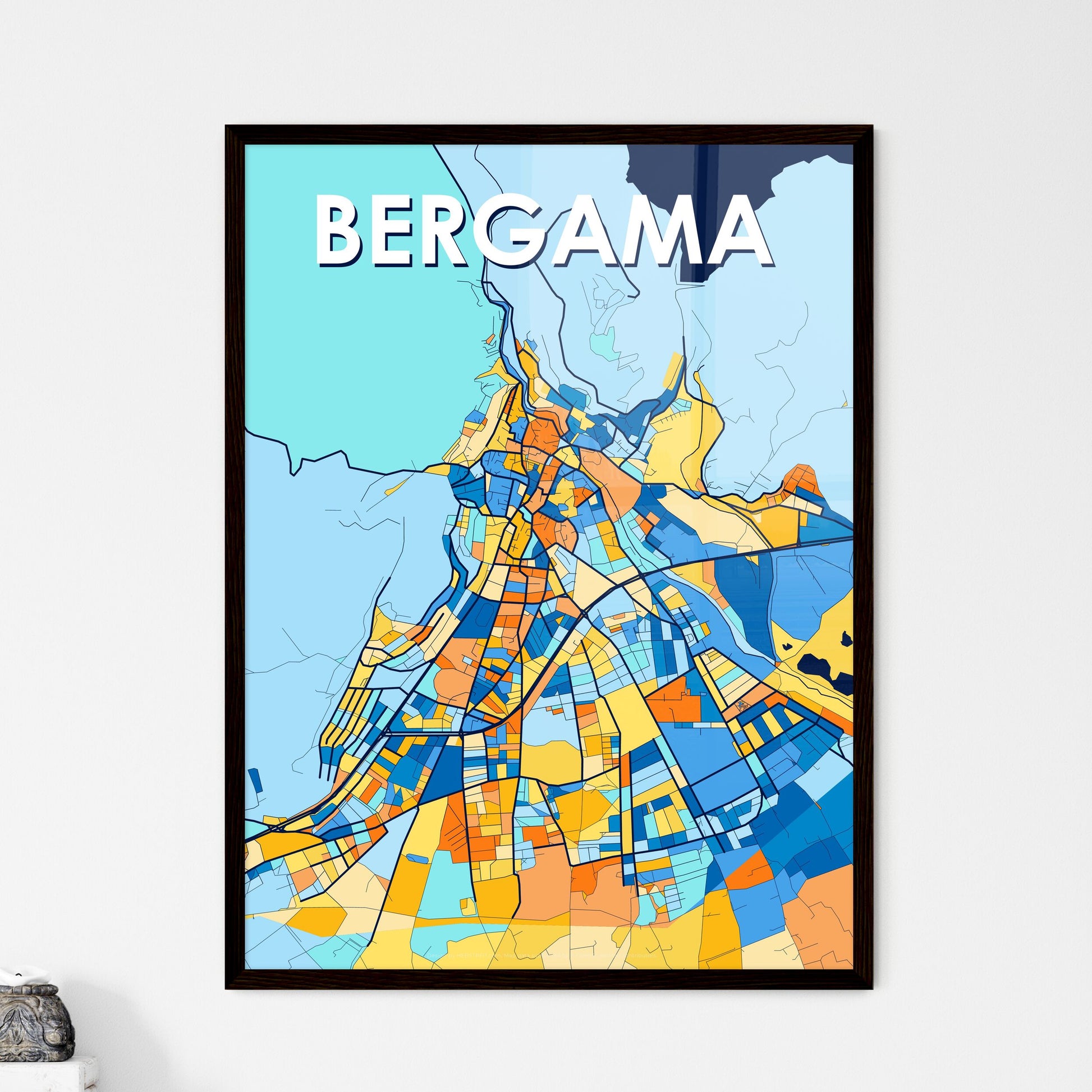 BERGAMA TURKEY Vibrant Colorful Art Map Poster Blue Orange