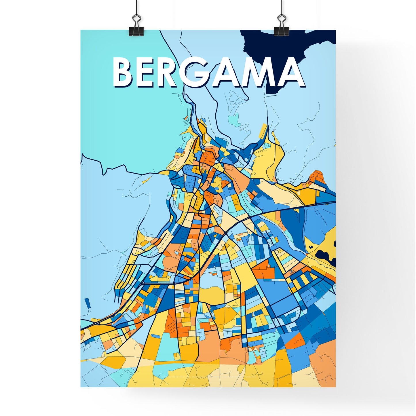 BERGAMA TURKEY Vibrant Colorful Art Map Poster Blue Orange