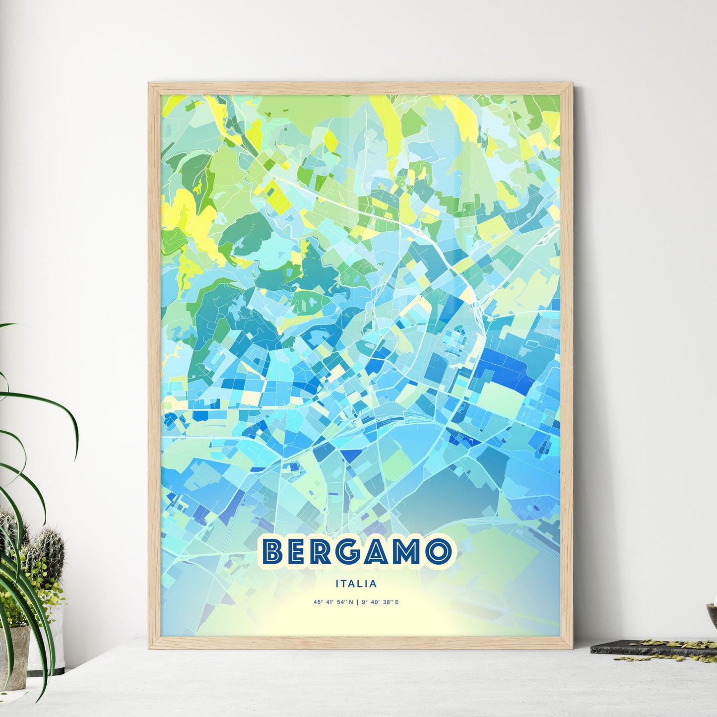 Colorful Bergamo Italy Fine Art Map Cool Blue