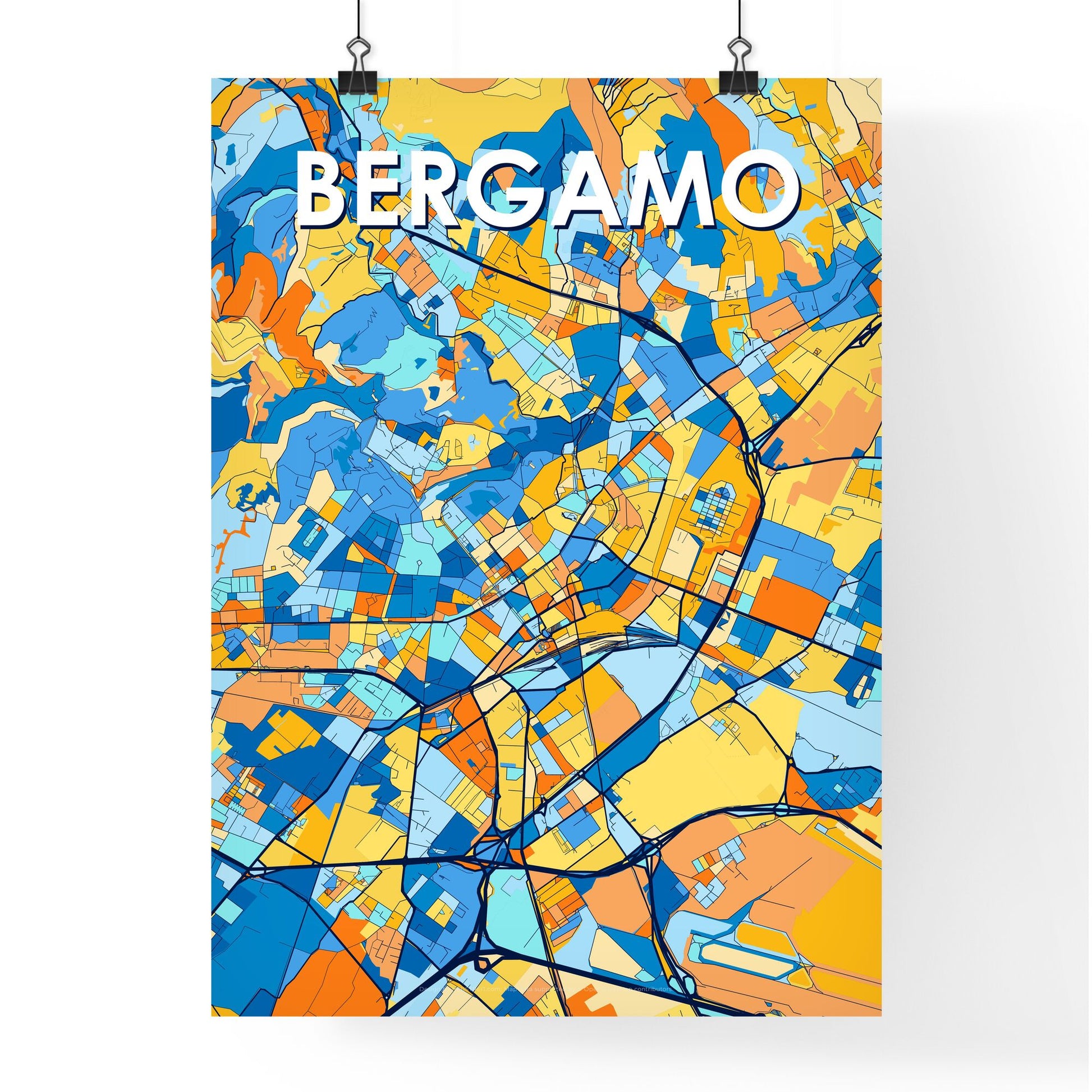 BERGAMO ITALY Vibrant Colorful Art Map Poster Blue Orange