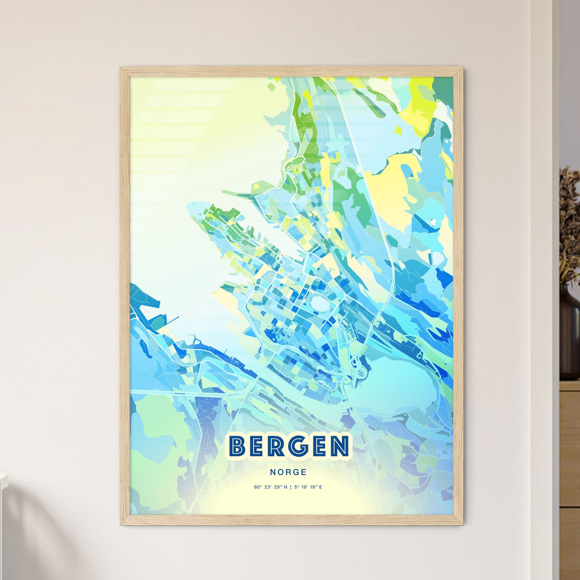 Colorful Bergen Norway Fine Art Map Cool Blue