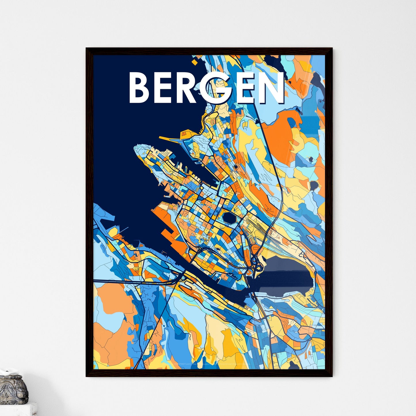 BERGEN NORWAY Vibrant Colorful Art Map Poster Blue Orange