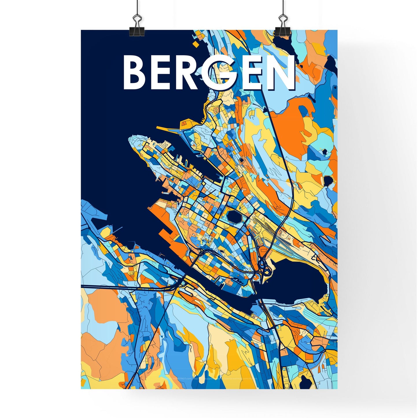 BERGEN NORWAY Vibrant Colorful Art Map Poster Blue Orange