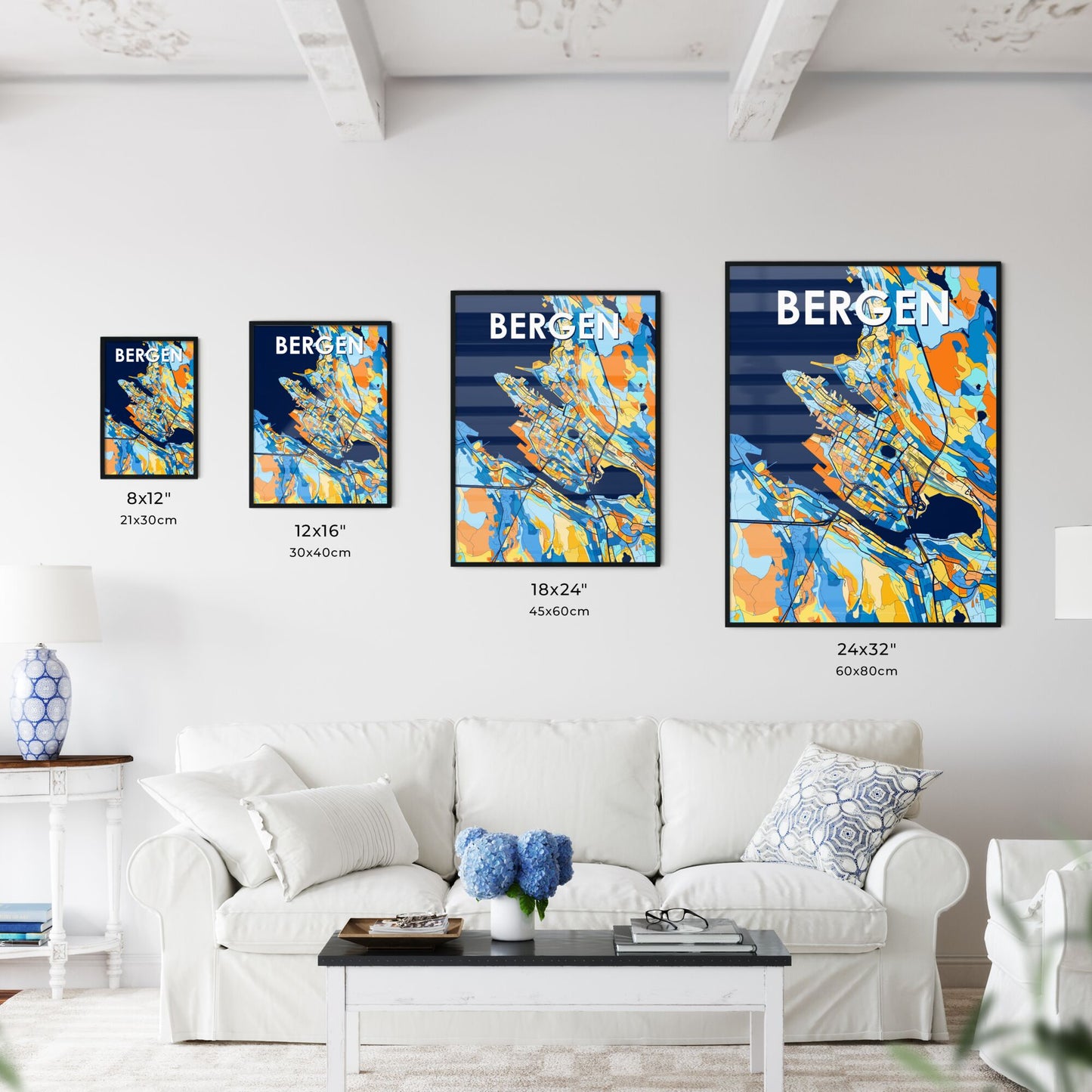 BERGEN NORWAY Vibrant Colorful Art Map Poster Blue Orange