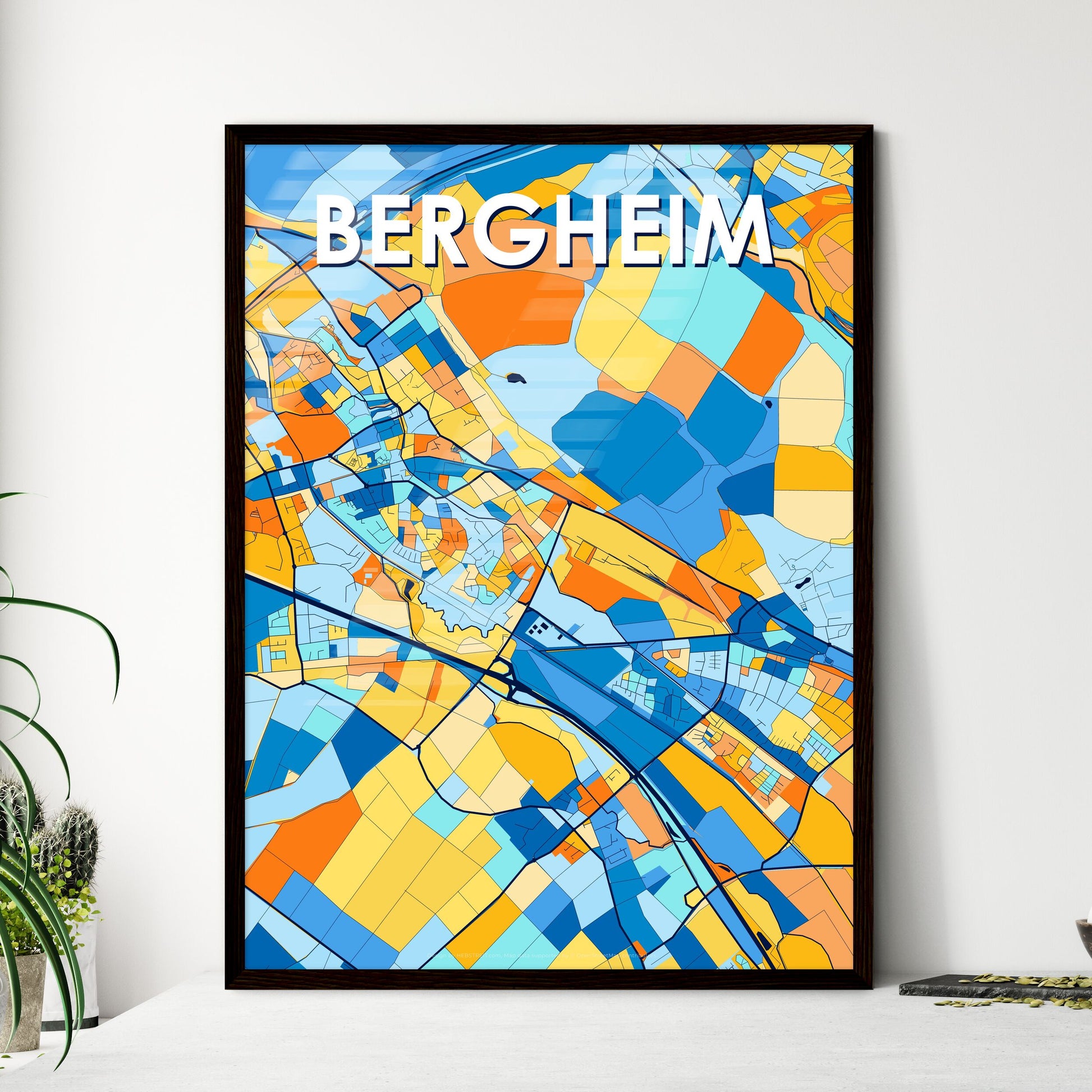 BERGHEIM GERMANY Vibrant Colorful Art Map Poster Blue Orange