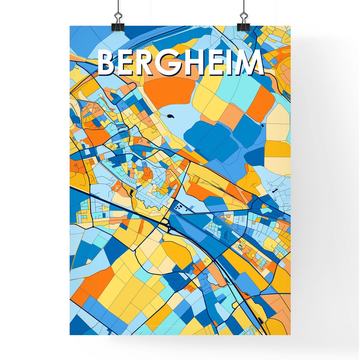 BERGHEIM GERMANY Vibrant Colorful Art Map Poster Blue Orange