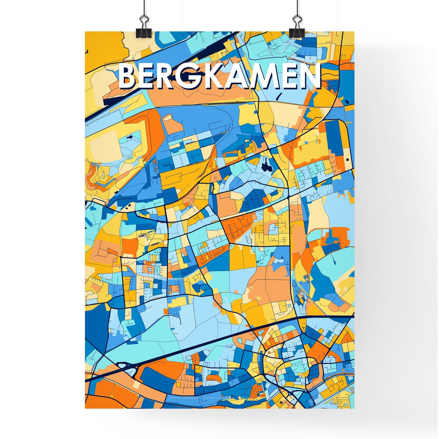 BERGKAMEN GERMANY Vibrant Colorful Art Map Poster Blue Orange