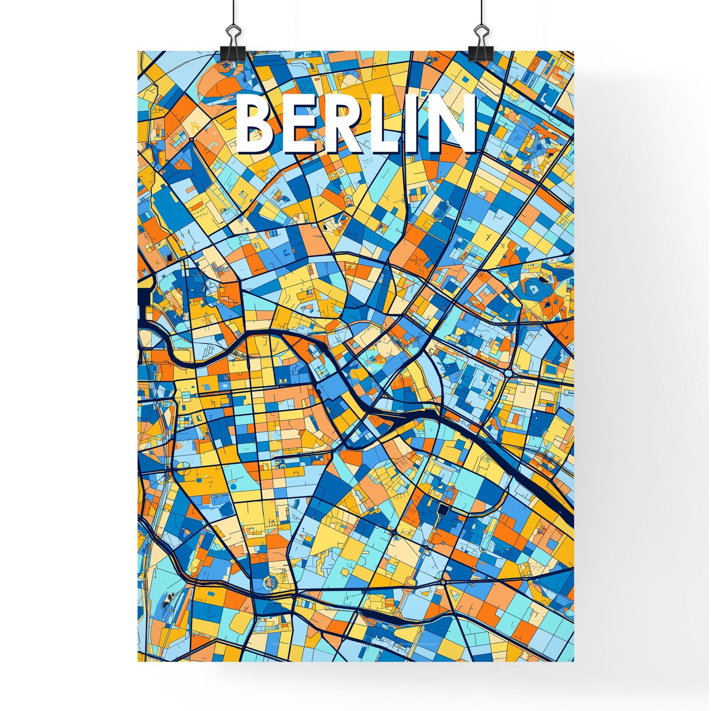 BERLIN GERMANY Vibrant Colorful Art Map Poster Blue Orange