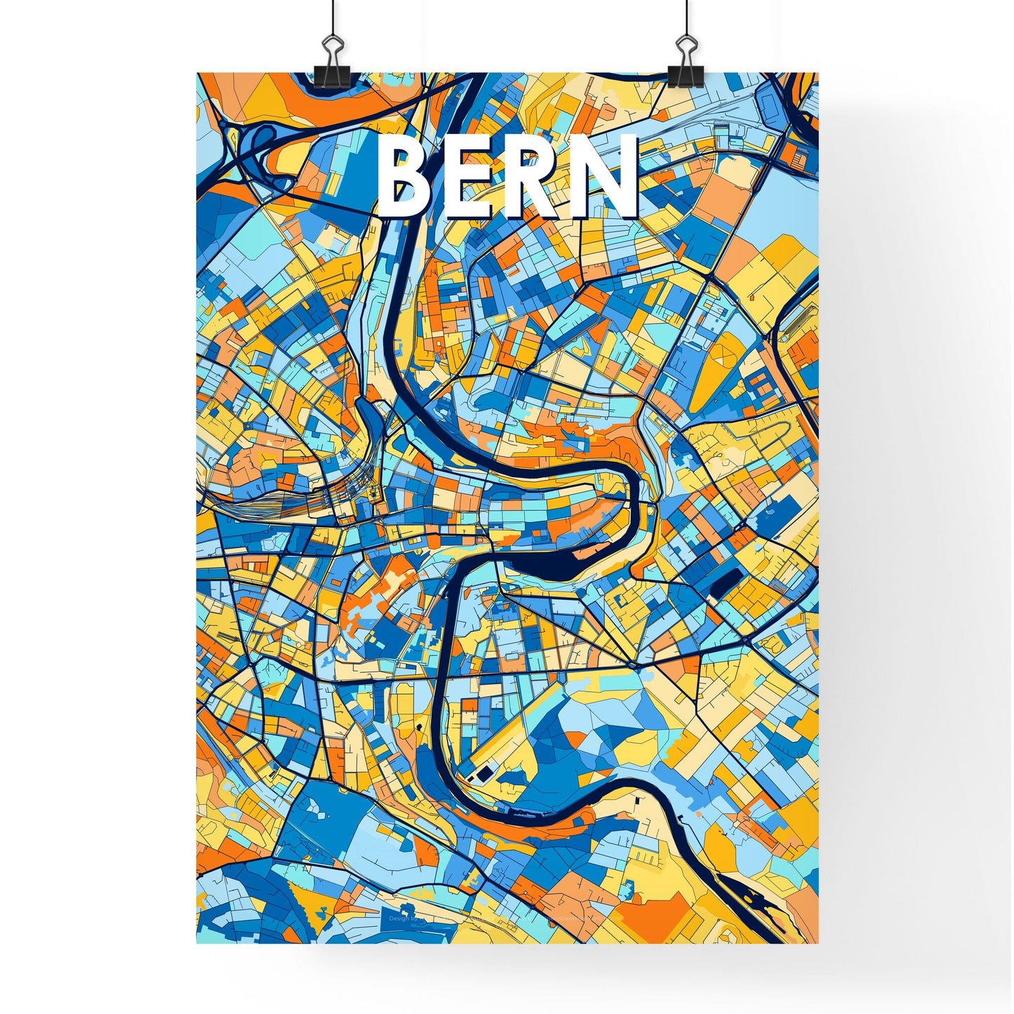 BERN SWITZERLAND Vibrant Colorful Art Map Poster Blue Orange