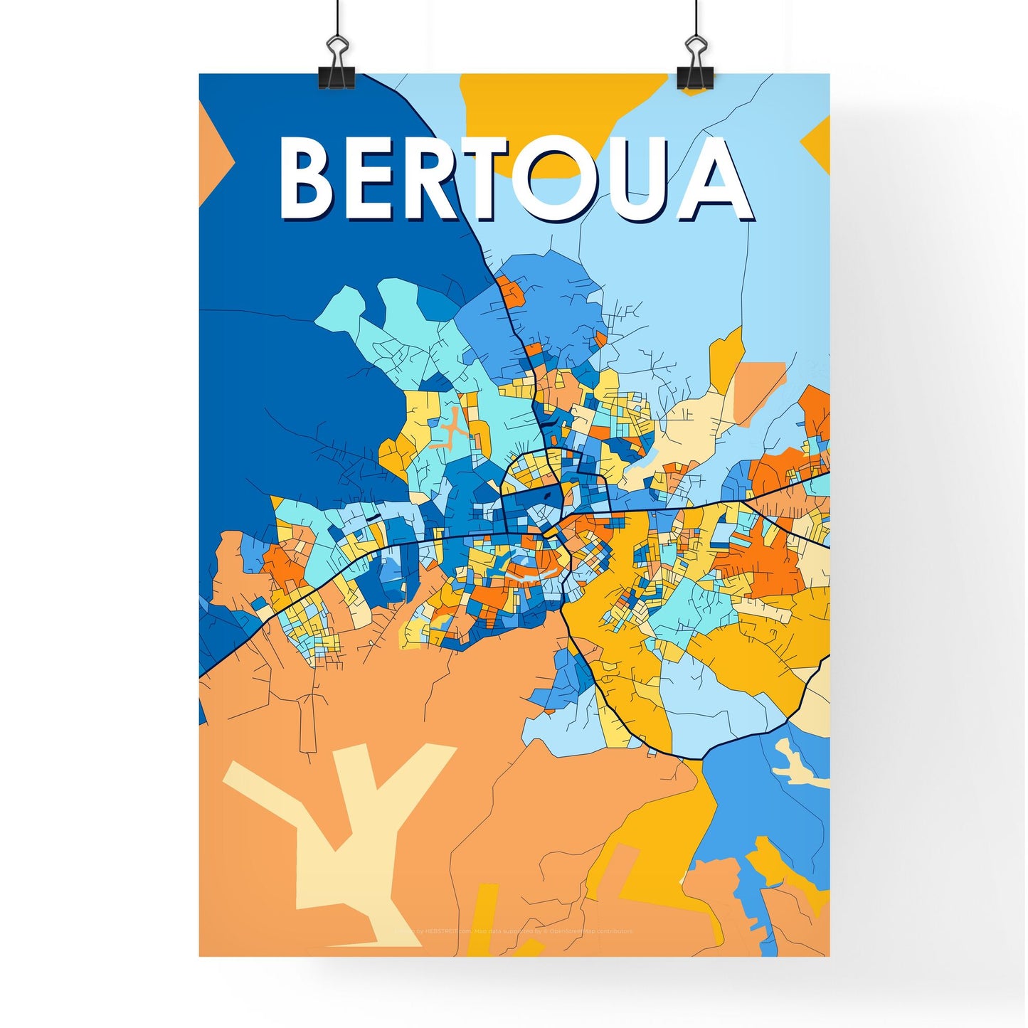 BERTOUA CAMEROON Vibrant Colorful Art Map Poster Blue Orange