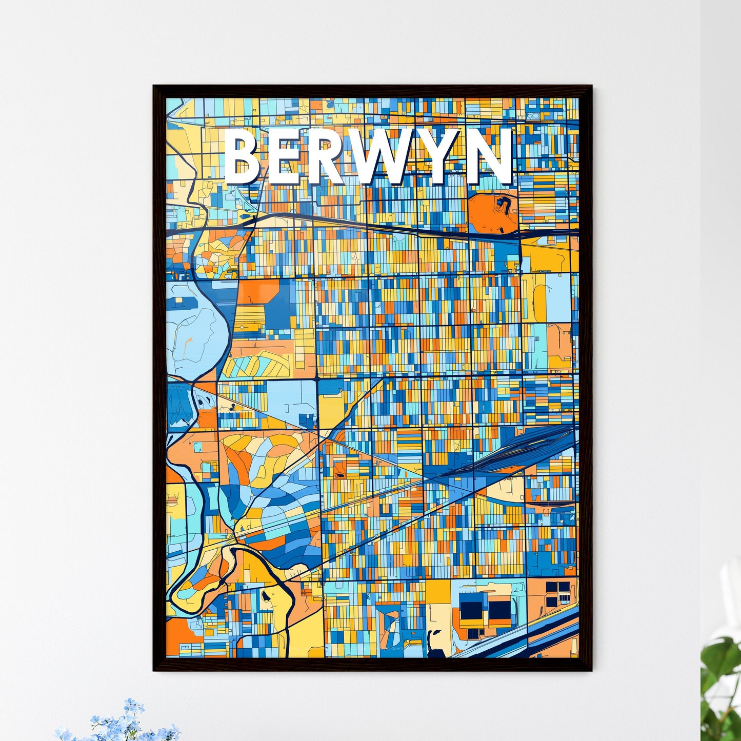 BERWYN ILLINOIS Vibrant Colorful Art Map Poster Blue Orange