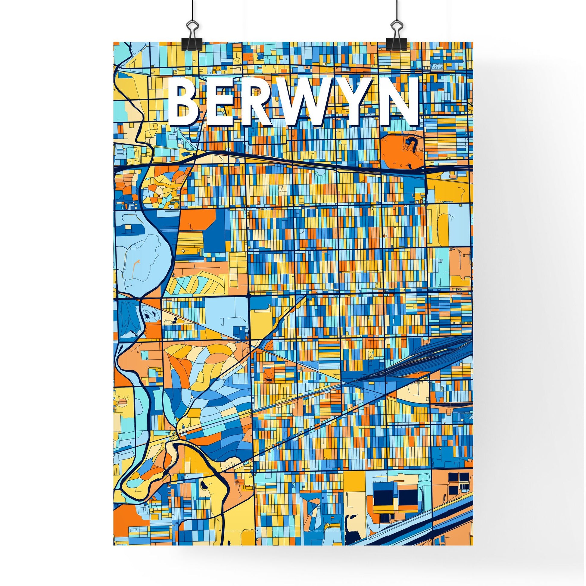 BERWYN ILLINOIS Vibrant Colorful Art Map Poster Blue Orange