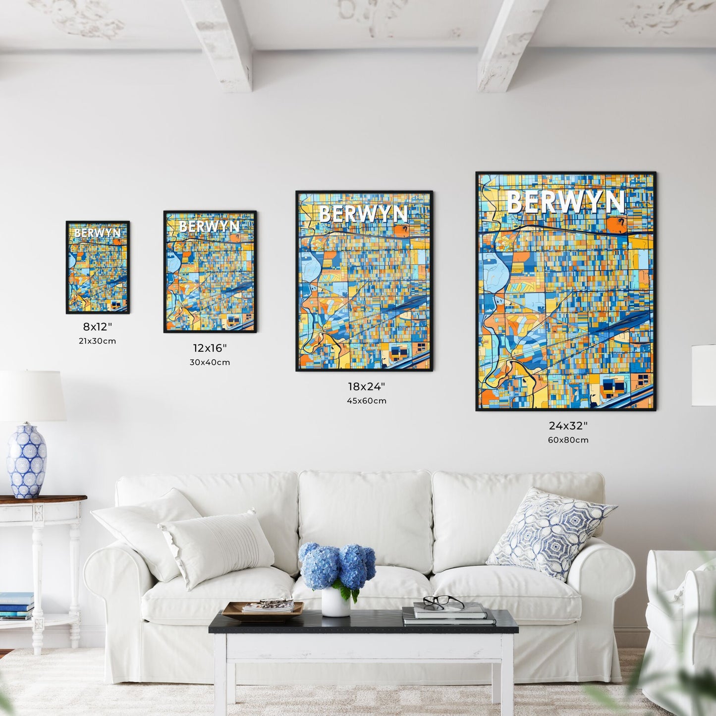 BERWYN ILLINOIS Vibrant Colorful Art Map Poster Blue Orange