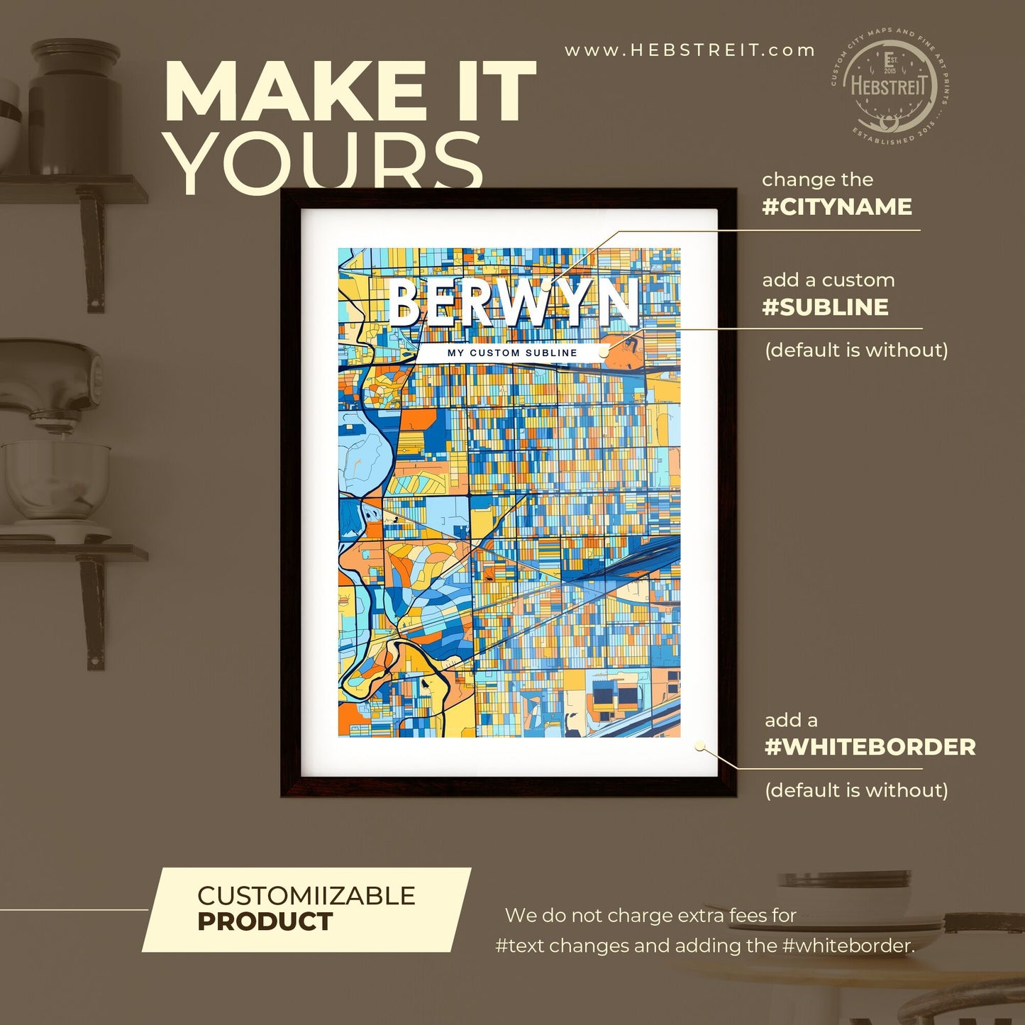 BERWYN ILLINOIS Vibrant Colorful Art Map Poster Blue Orange