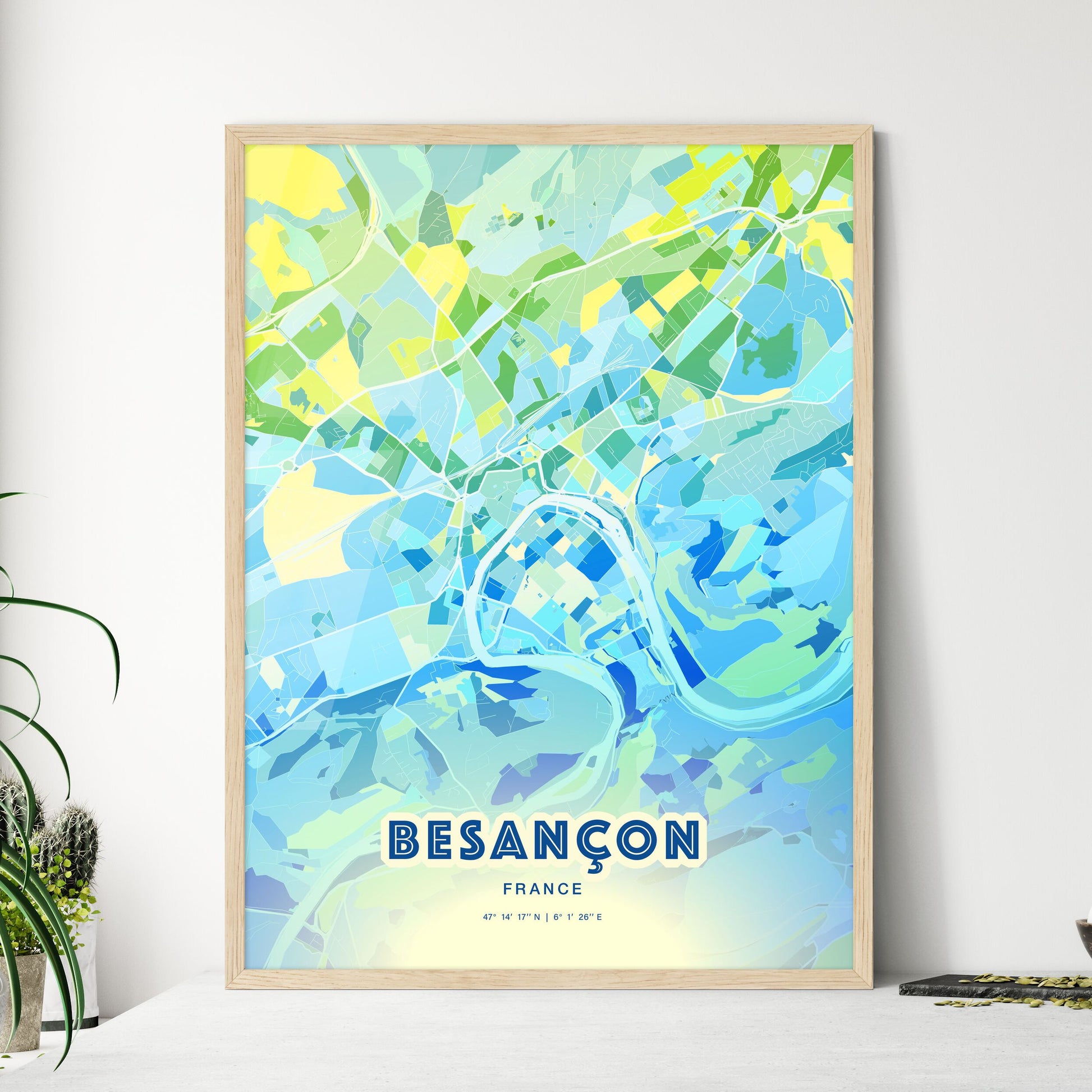 Colorful Besancon France Fine Art Map Cool Blue