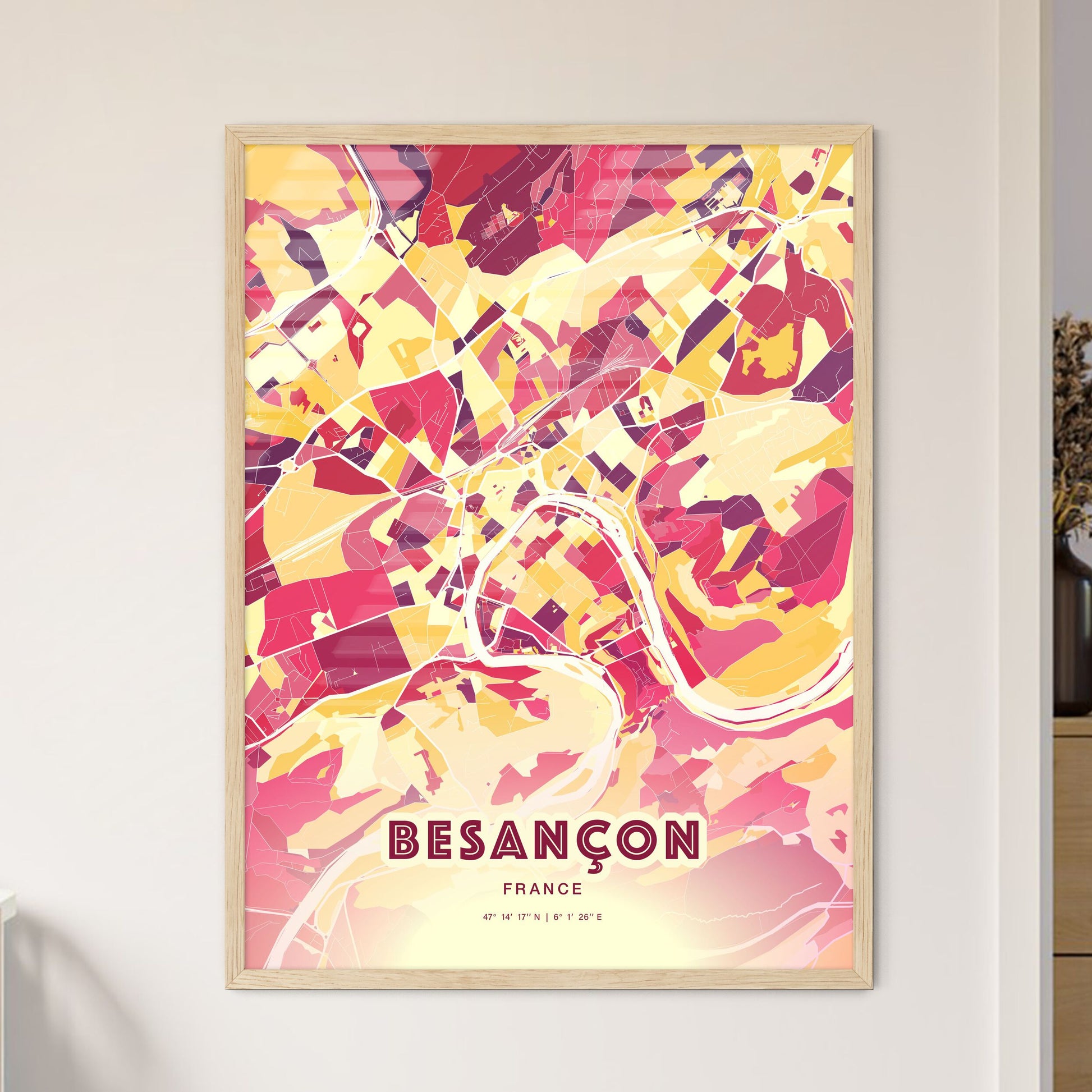 Colorful Besancon France Fine Art Map Hot Red