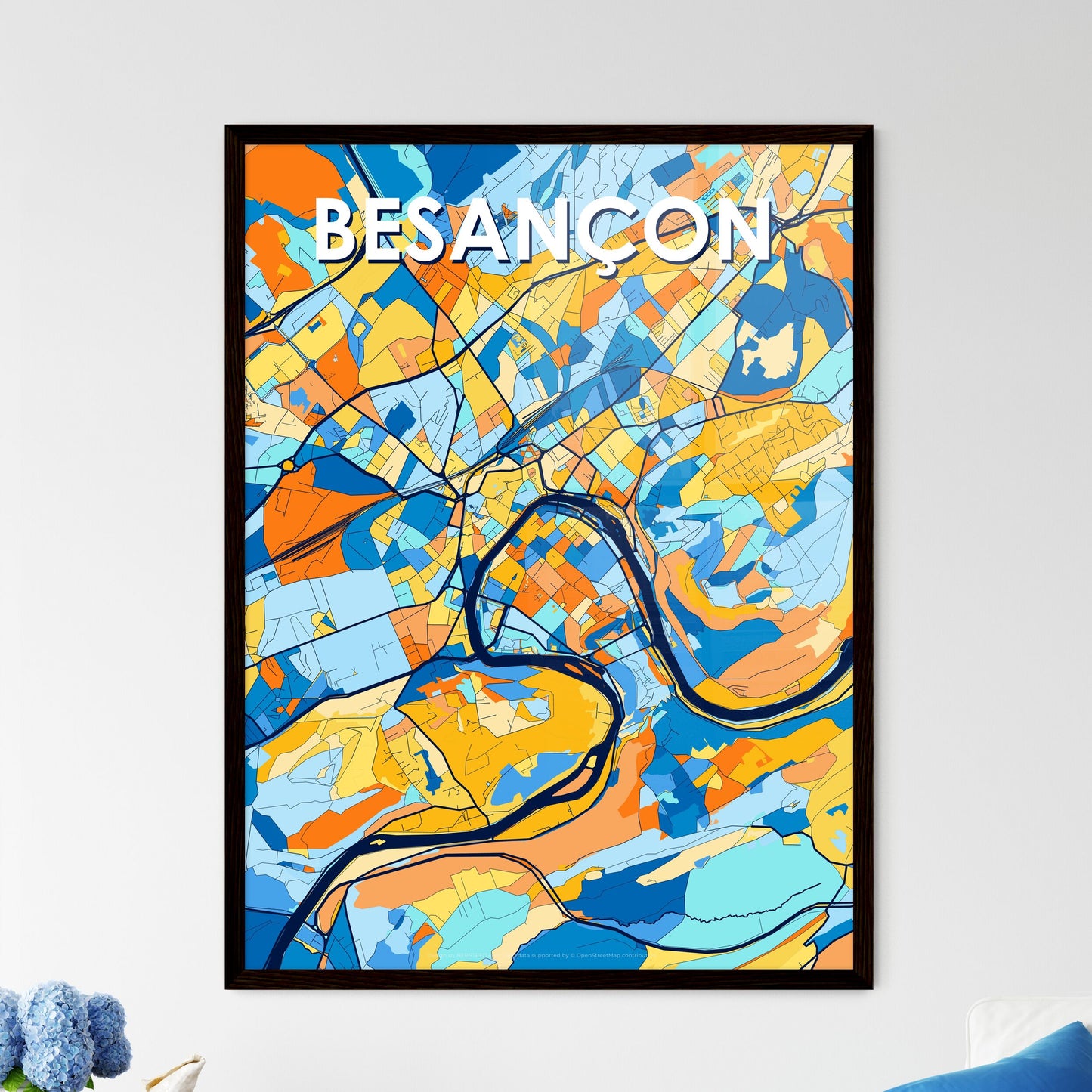 BESANÇON FRANCE Vibrant Colorful Art Map Poster Blue Orange