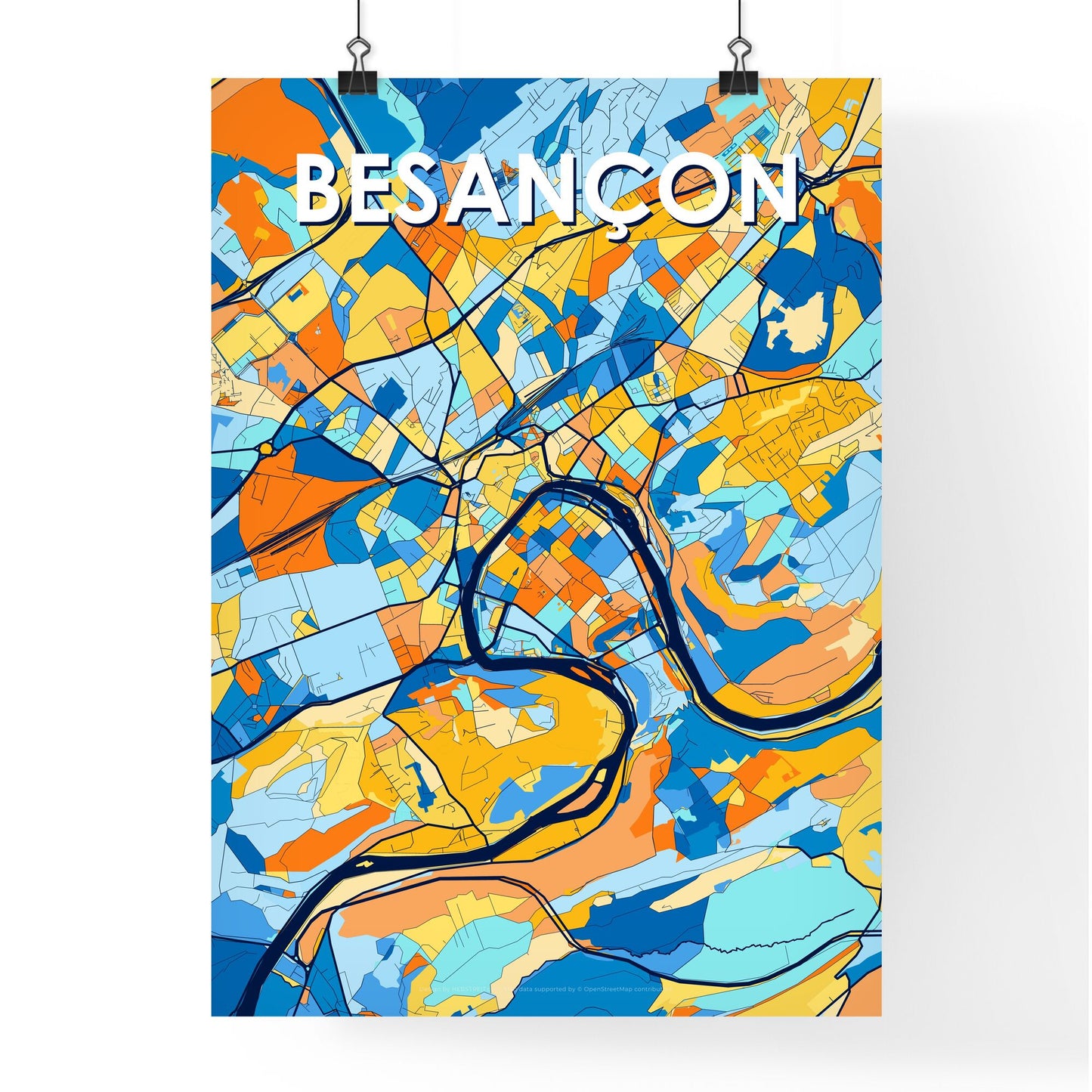 BESANÇON FRANCE Vibrant Colorful Art Map Poster Blue Orange