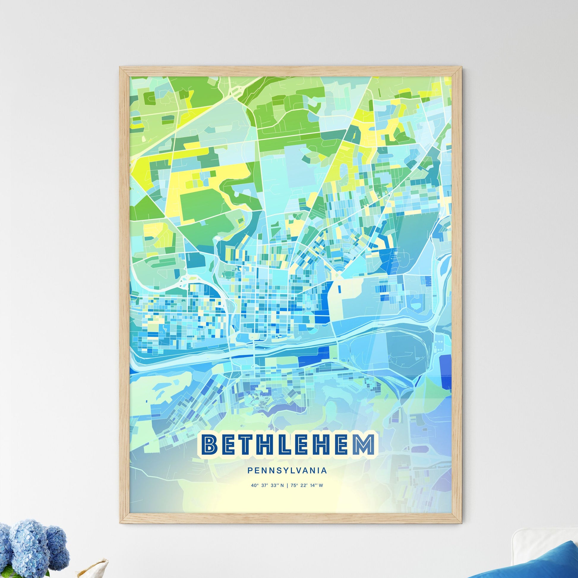 Colorful Bethlehem Pennsylvania Fine Art Map Cool Blue