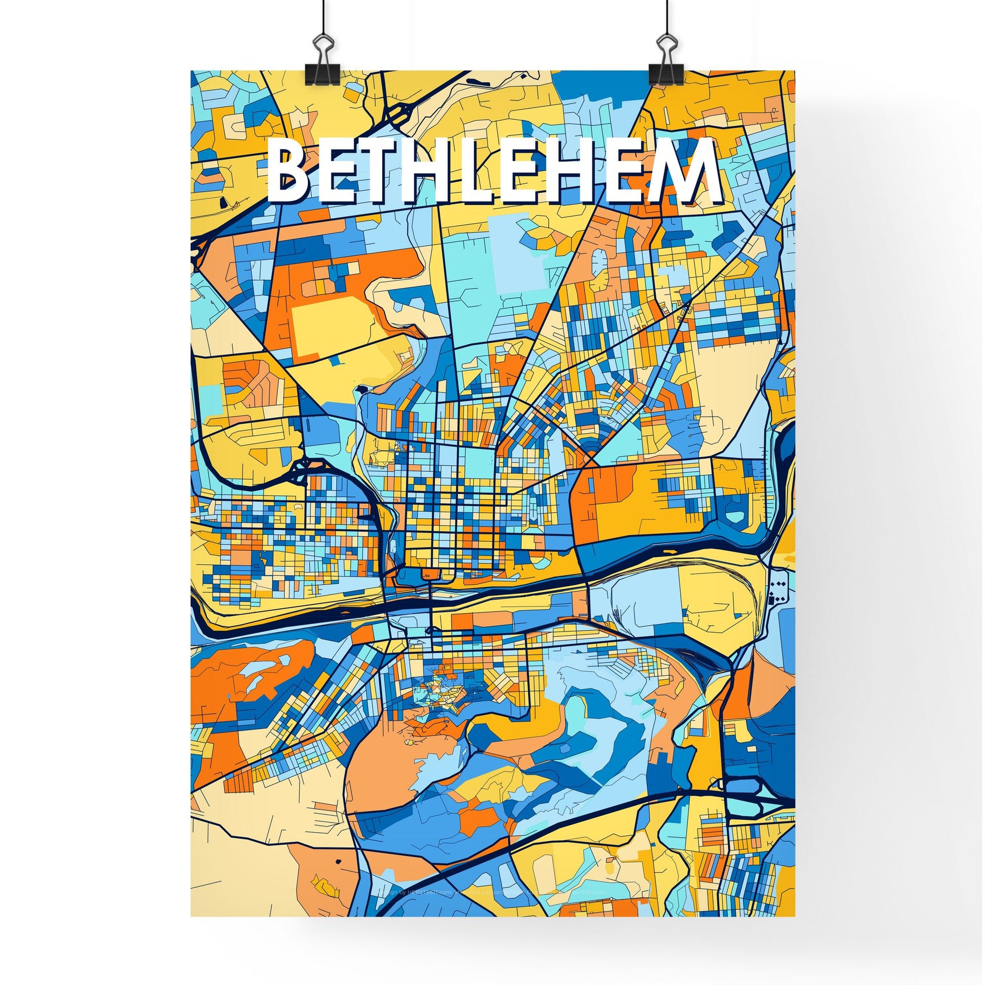 BETHLEHEM PENNSYLVANIA Vibrant Colorful Art Map Poster Blue Orange