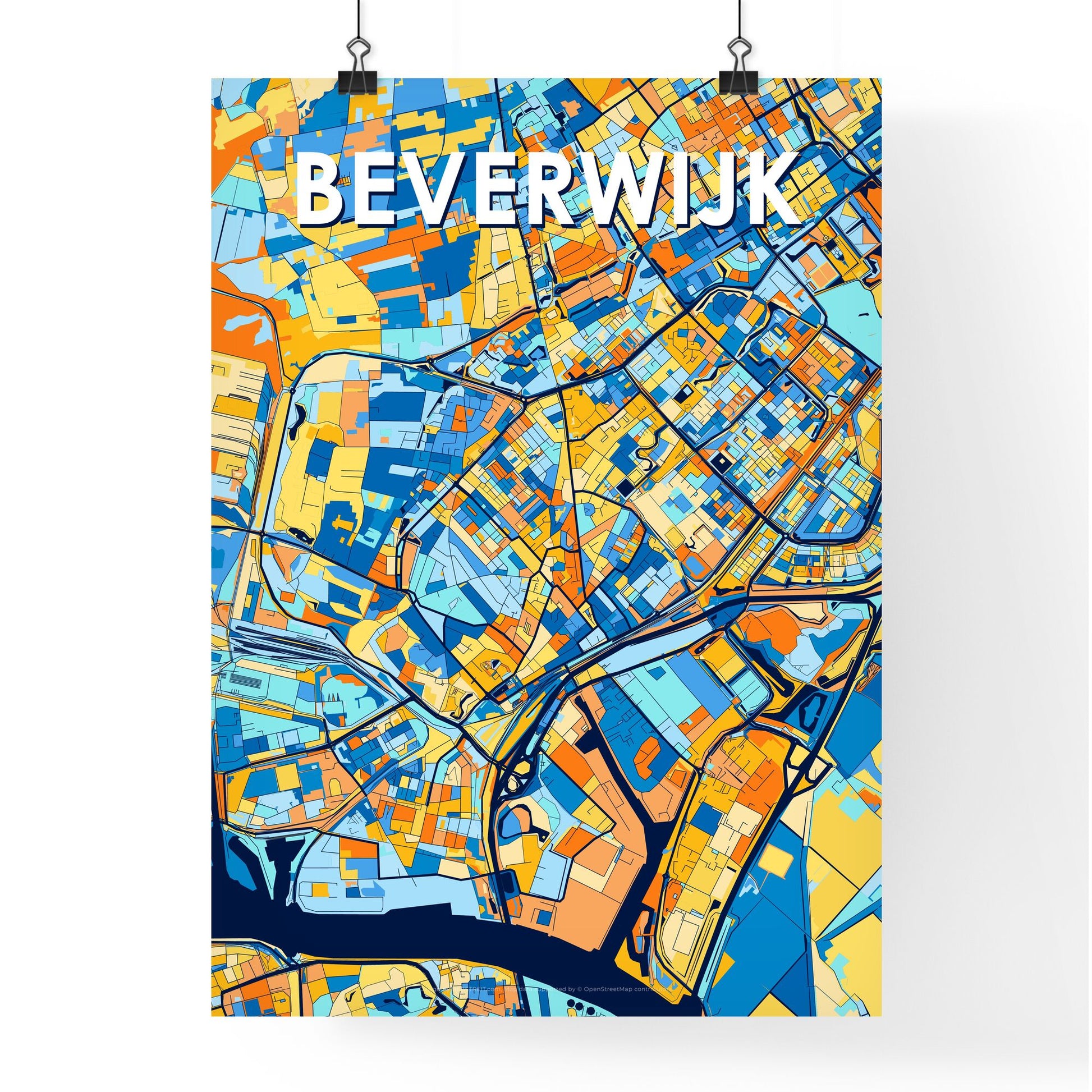 BEVERWIJK NETHERLANDS Vibrant Colorful Art Map Poster Blue Orange