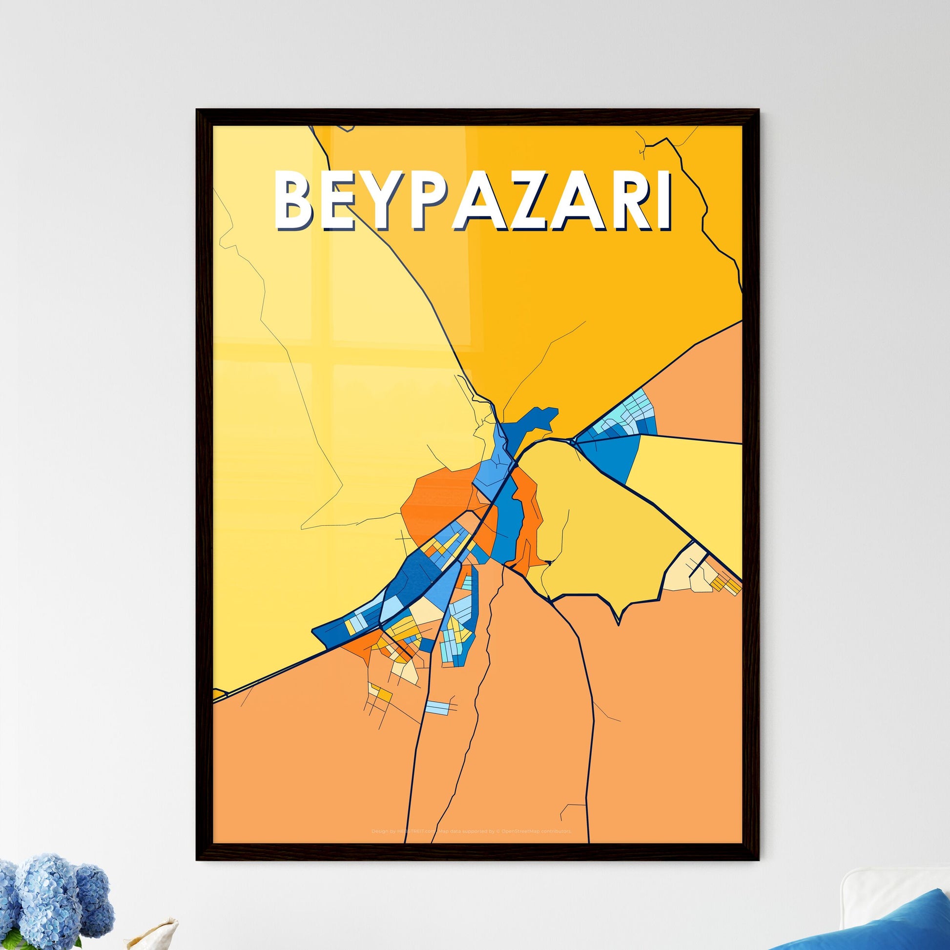 BEYPAZARI TURKEY Vibrant Colorful Art Map Poster Blue Orange