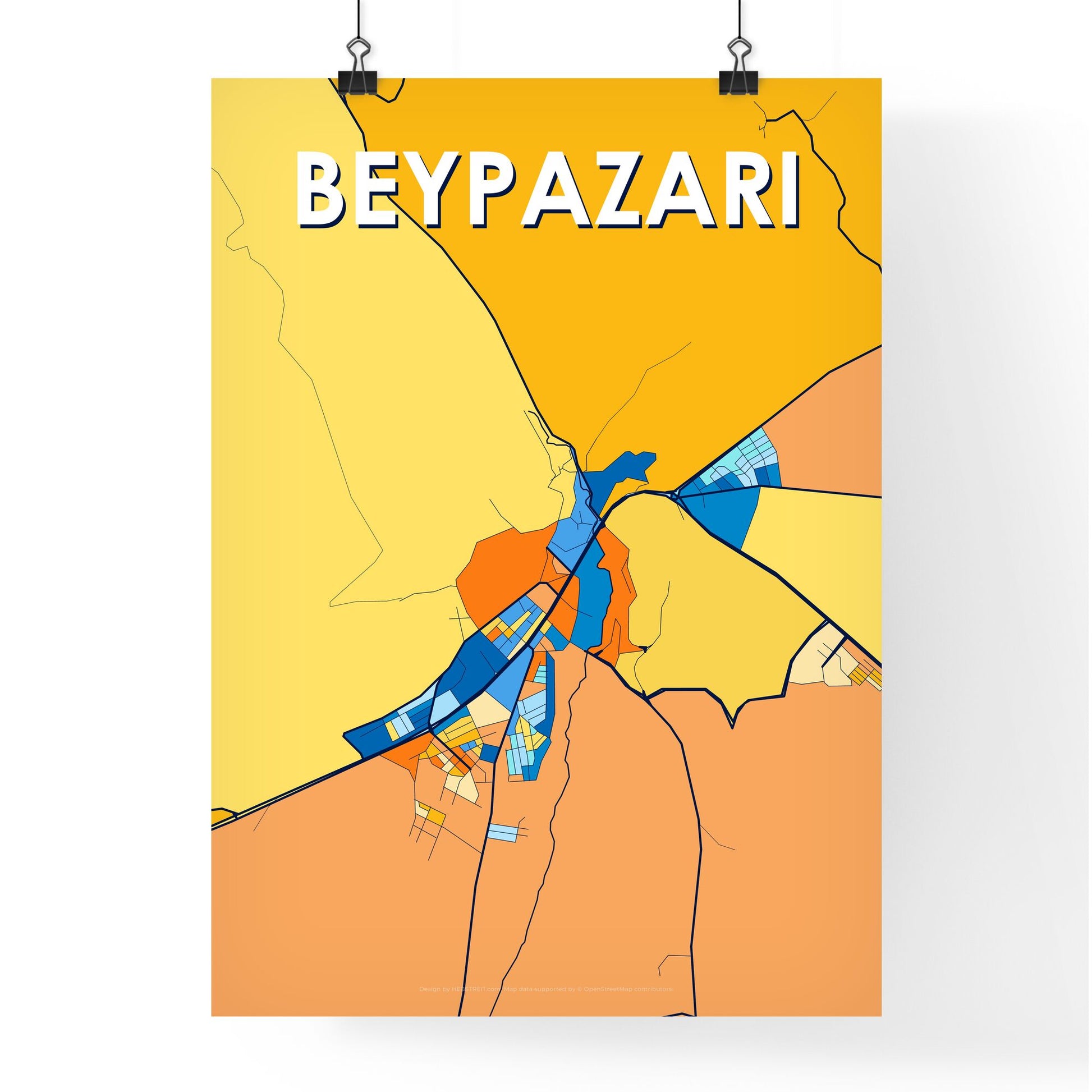 BEYPAZARI TURKEY Vibrant Colorful Art Map Poster Blue Orange