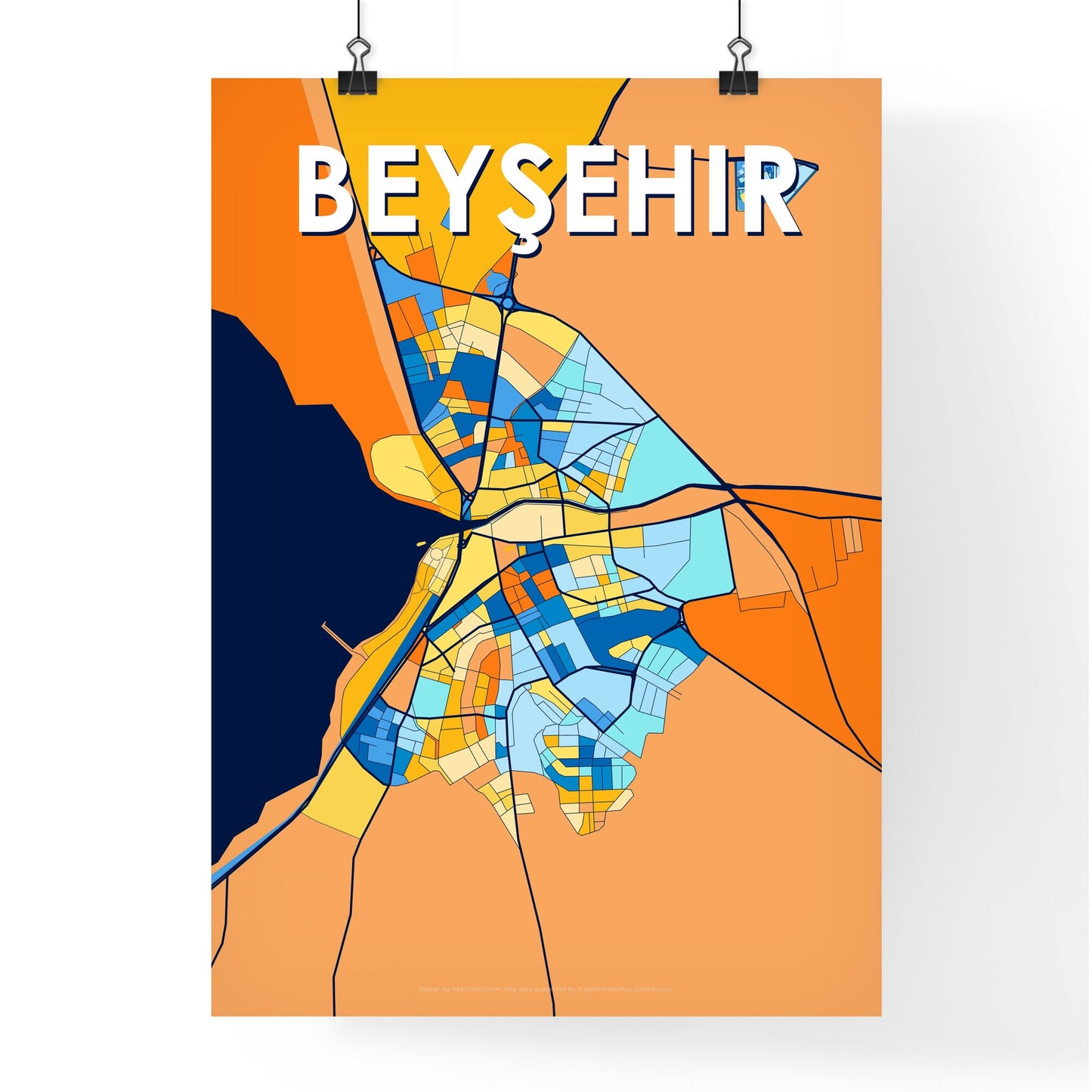 BEYŞEHIR TURKEY Vibrant Colorful Art Map Poster Blue Orange