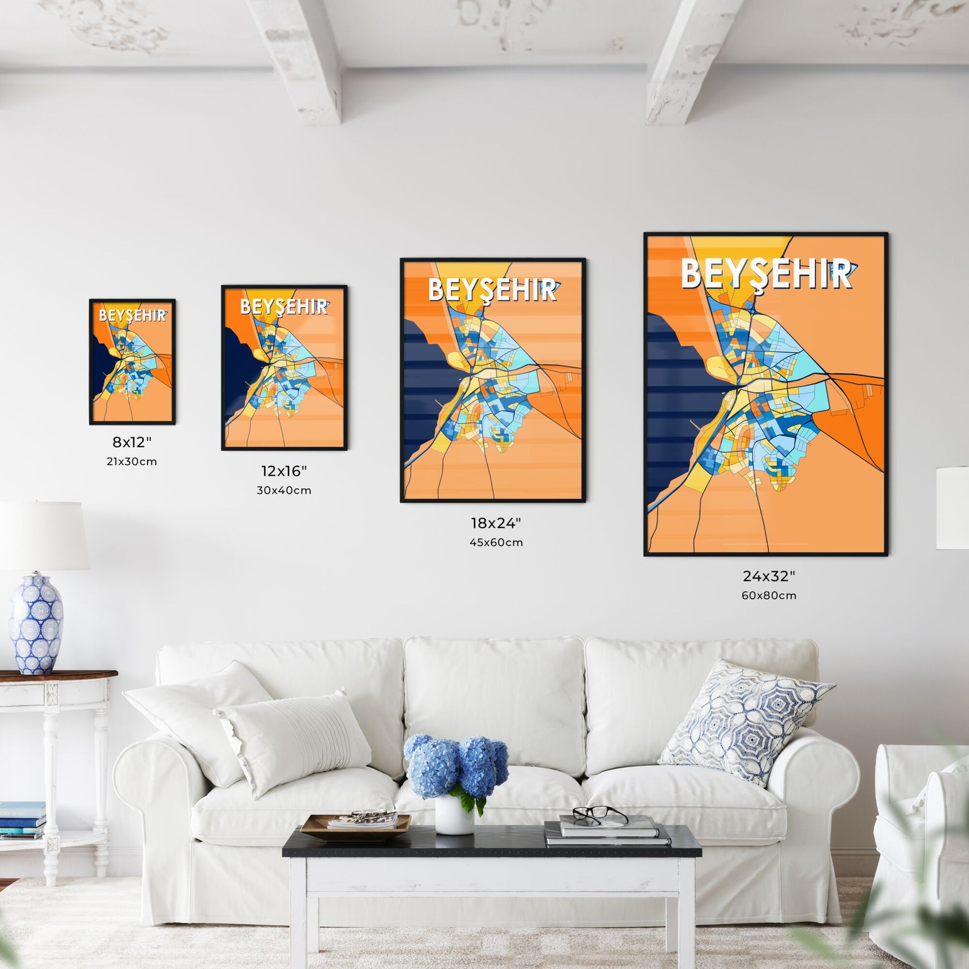 BEYŞEHIR TURKEY Vibrant Colorful Art Map Poster Blue Orange