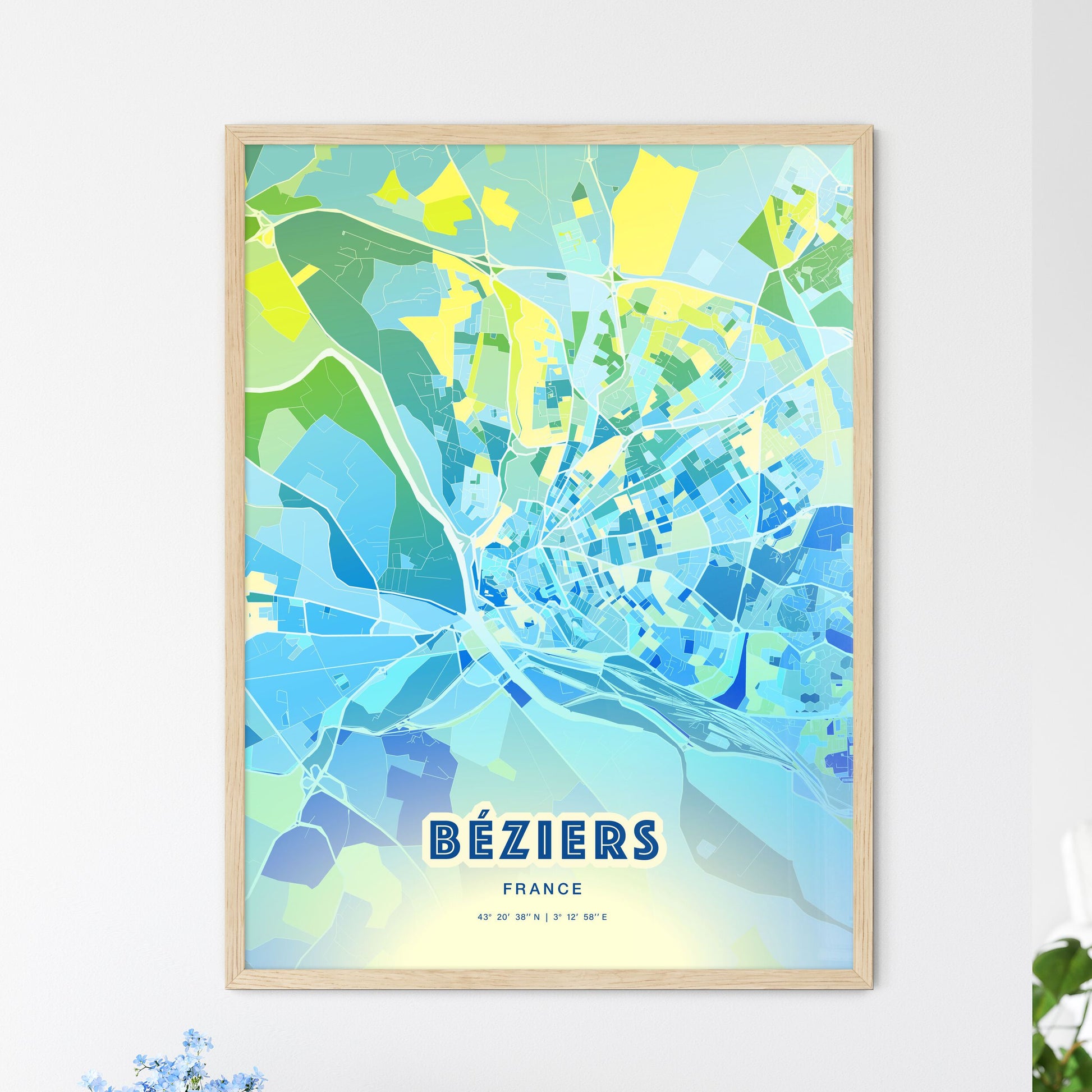 Colorful Béziers France Fine Art Map Cool Blue