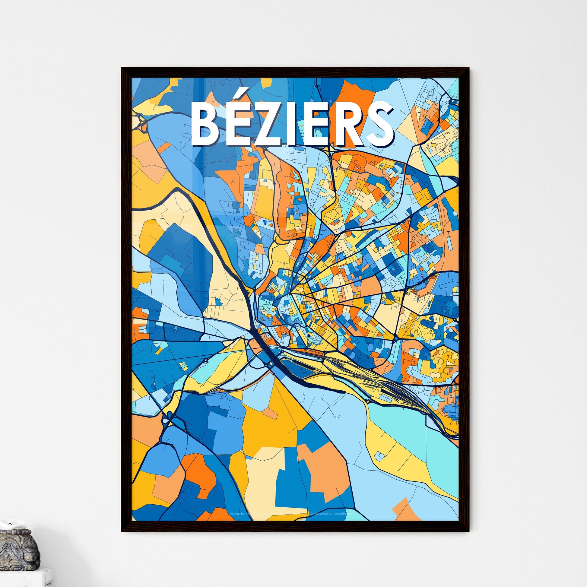 BÉZIERS FRANCE Vibrant Colorful Art Map Poster Blue Orange