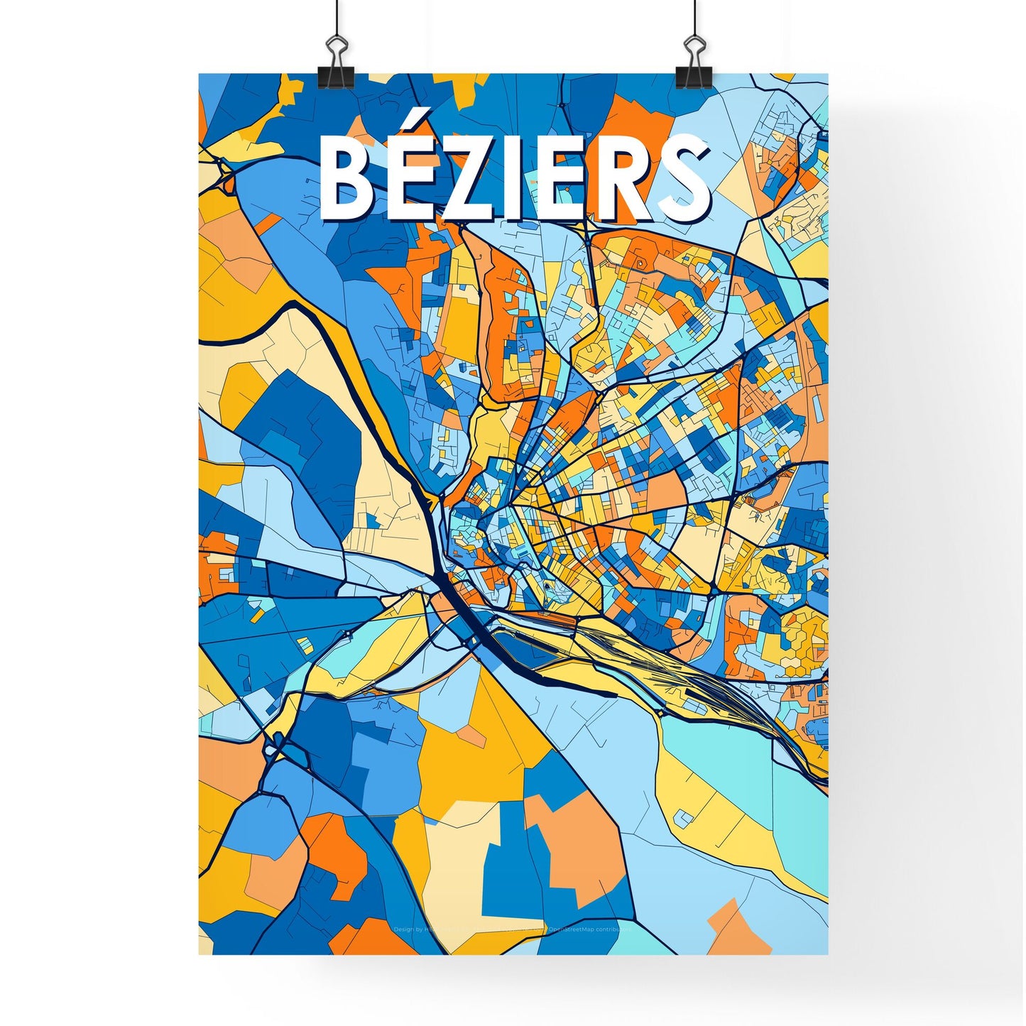 BÉZIERS FRANCE Vibrant Colorful Art Map Poster Blue Orange