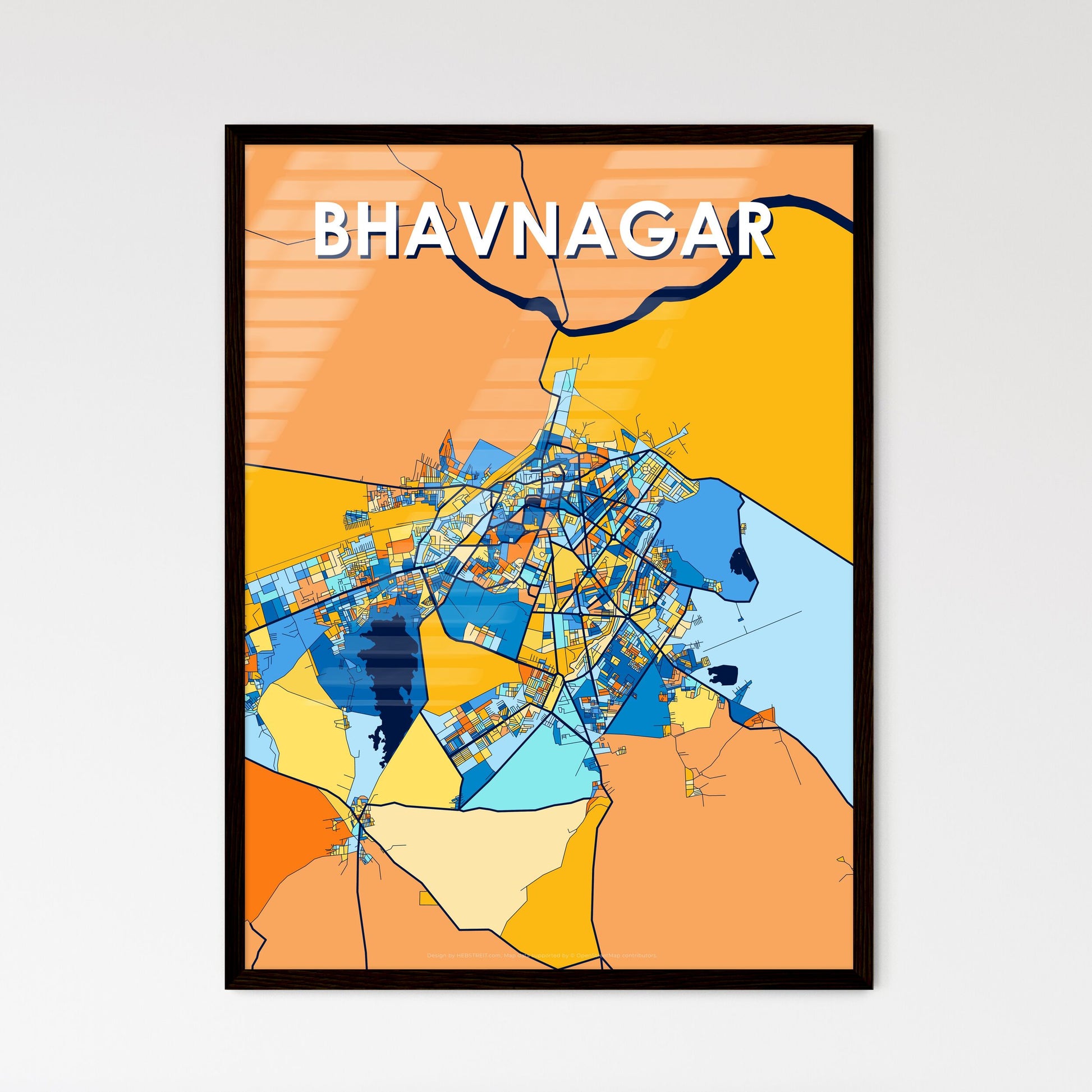 BHAVNAGAR INDIA Vibrant Colorful Art Map Poster Blue Orange