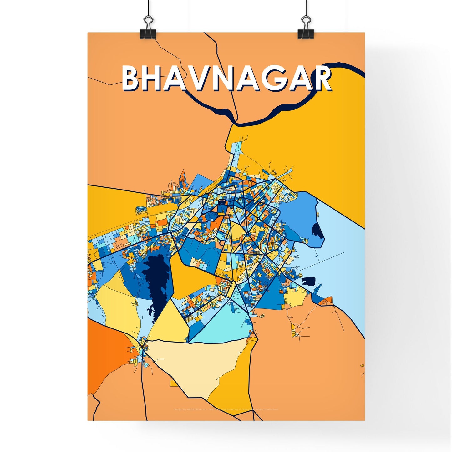 BHAVNAGAR INDIA Vibrant Colorful Art Map Poster Blue Orange