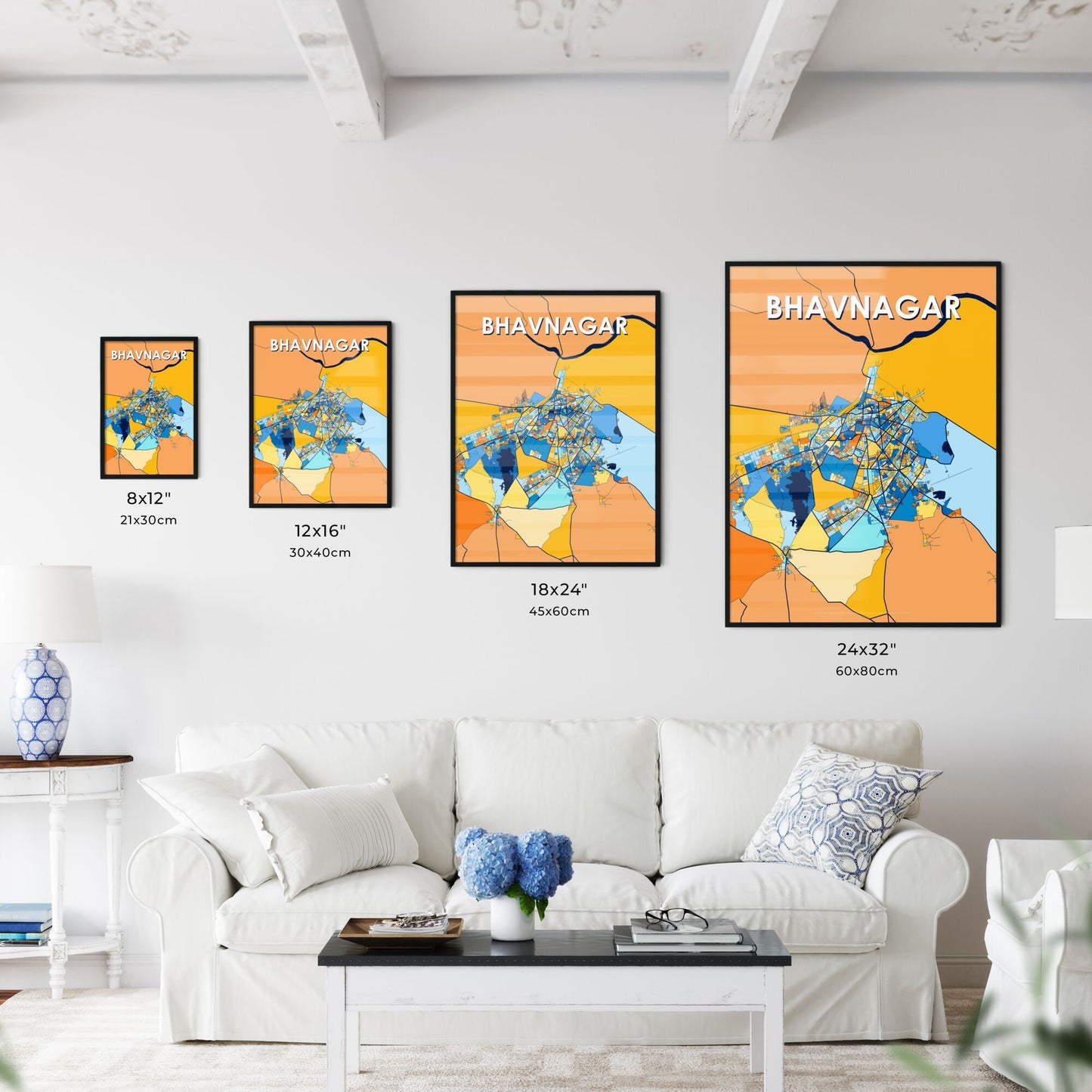 BHAVNAGAR INDIA Vibrant Colorful Art Map Poster Blue Orange