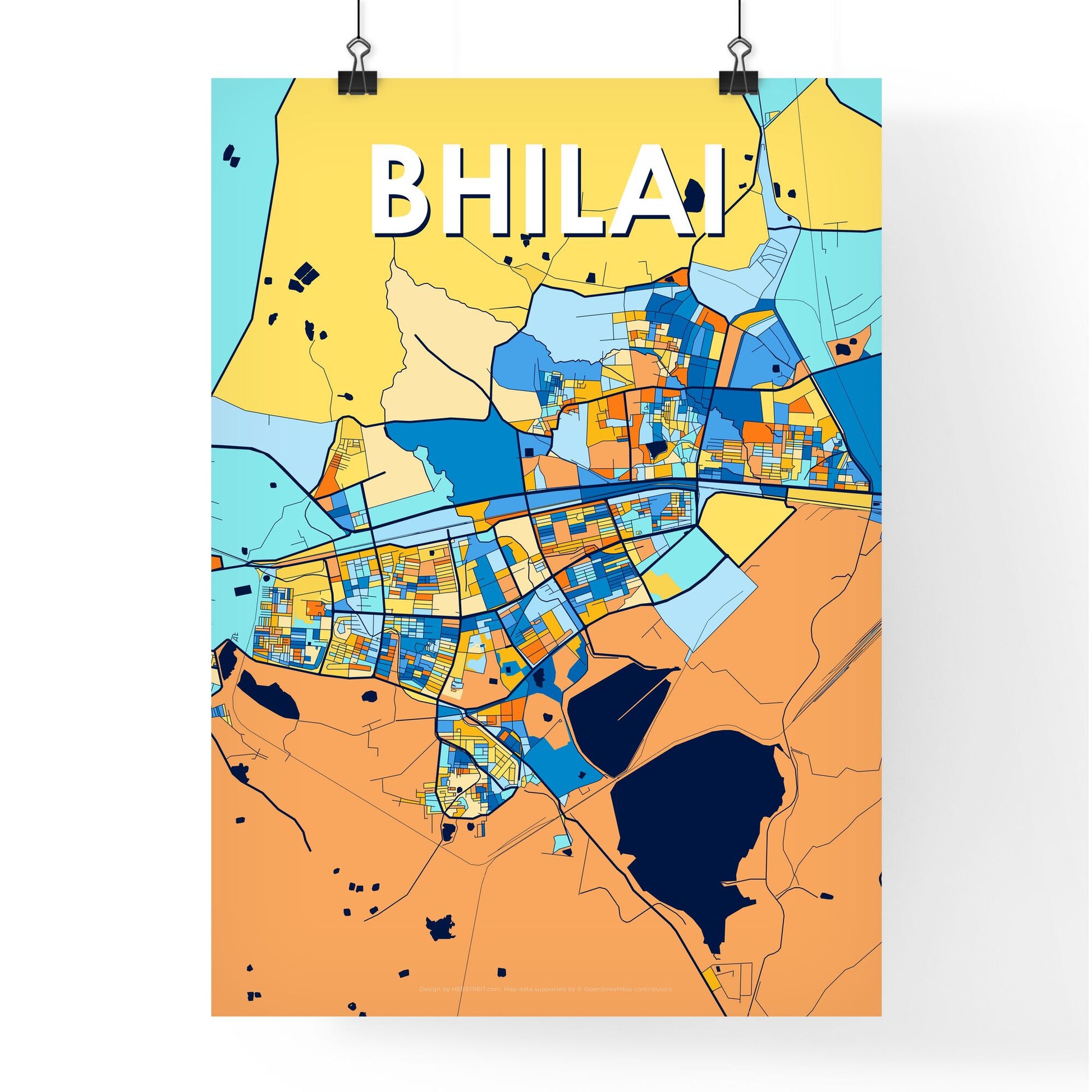 BHILAI INDIA Vibrant Colorful Art Map Poster Blue Orange