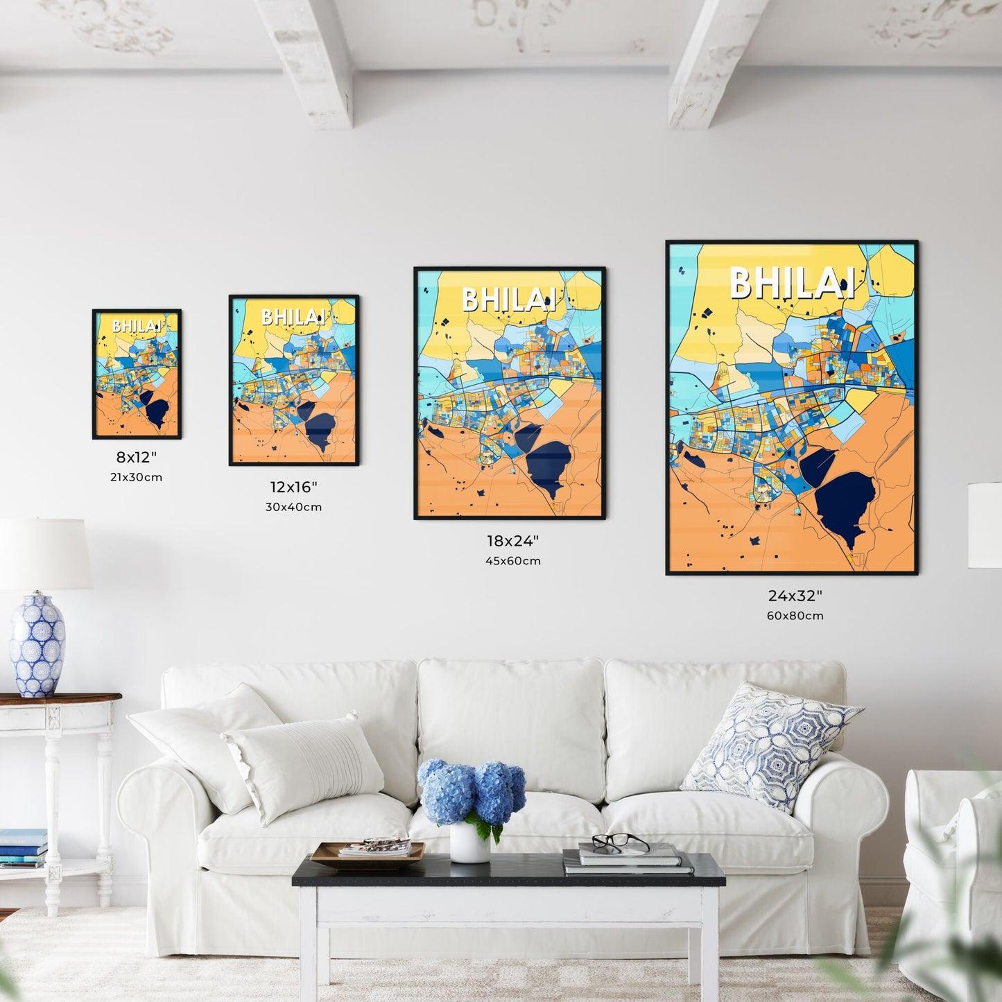 BHILAI INDIA Vibrant Colorful Art Map Poster Blue Orange