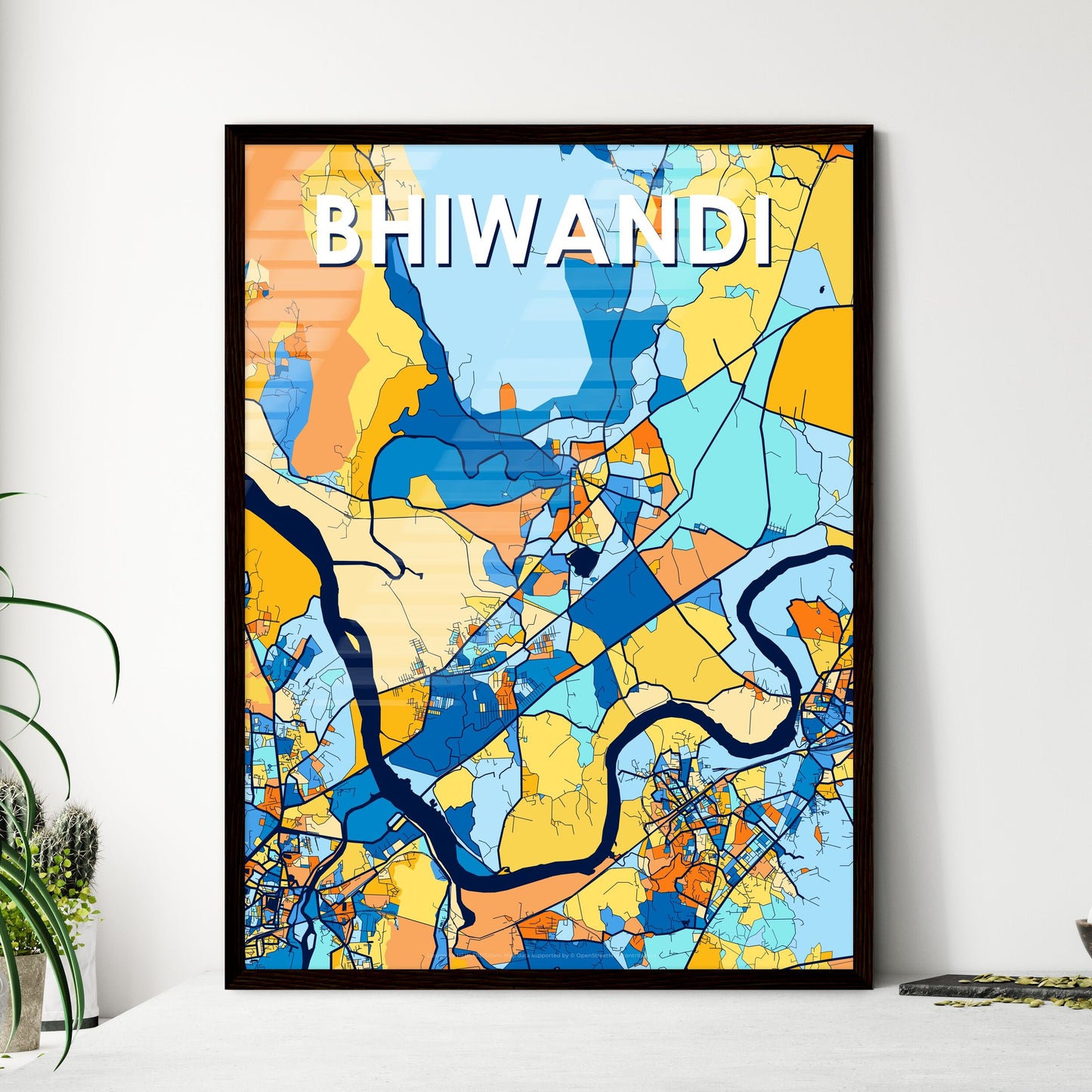 BHIWANDI INDIA Vibrant Colorful Art Map Poster Blue Orange