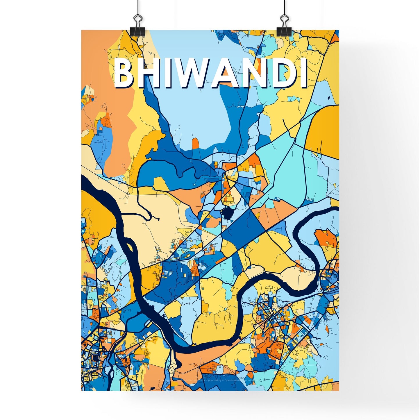 BHIWANDI INDIA Vibrant Colorful Art Map Poster Blue Orange